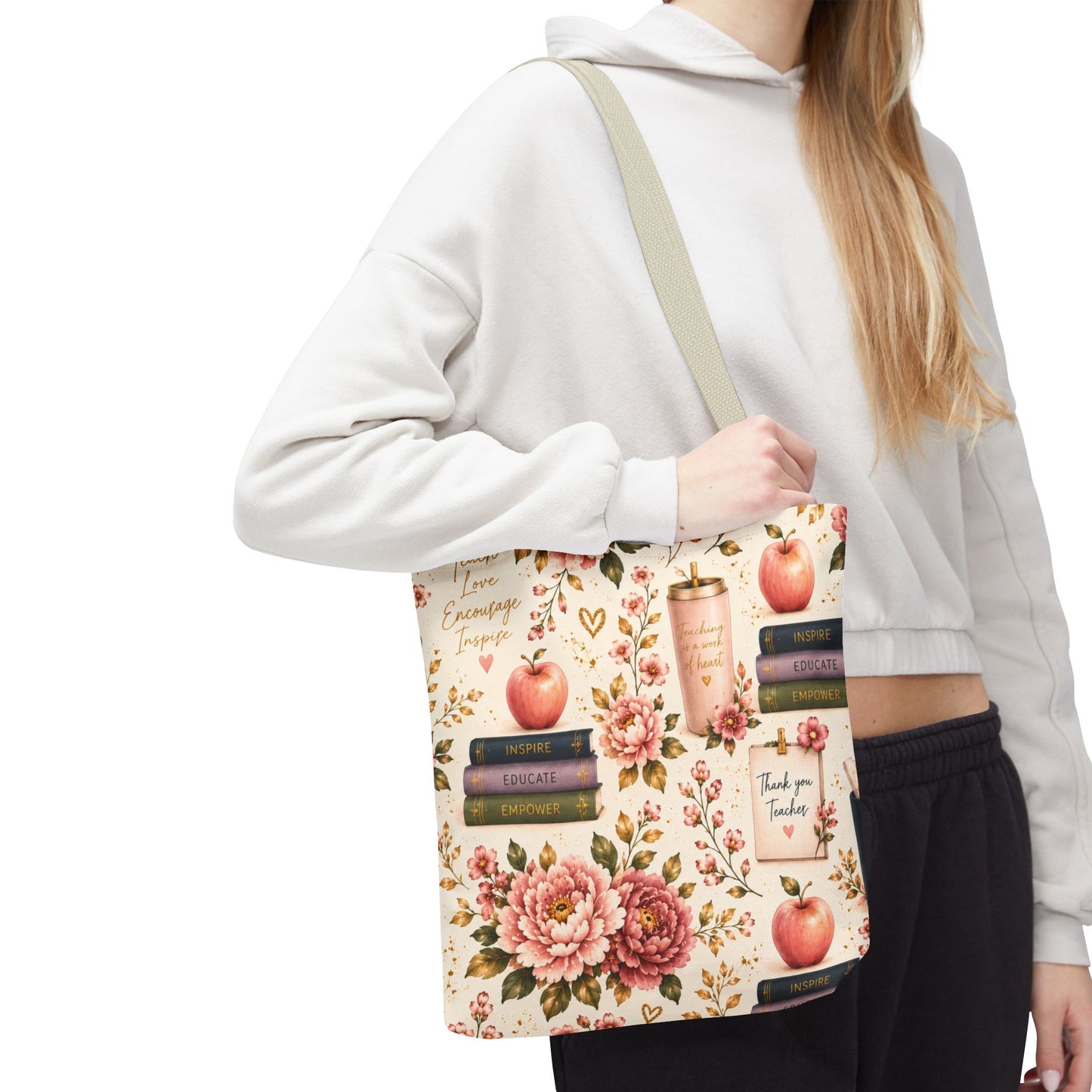 Teacher Appreciation Tote Bag - 'Thank You Teacher' Book & Apple Pattern