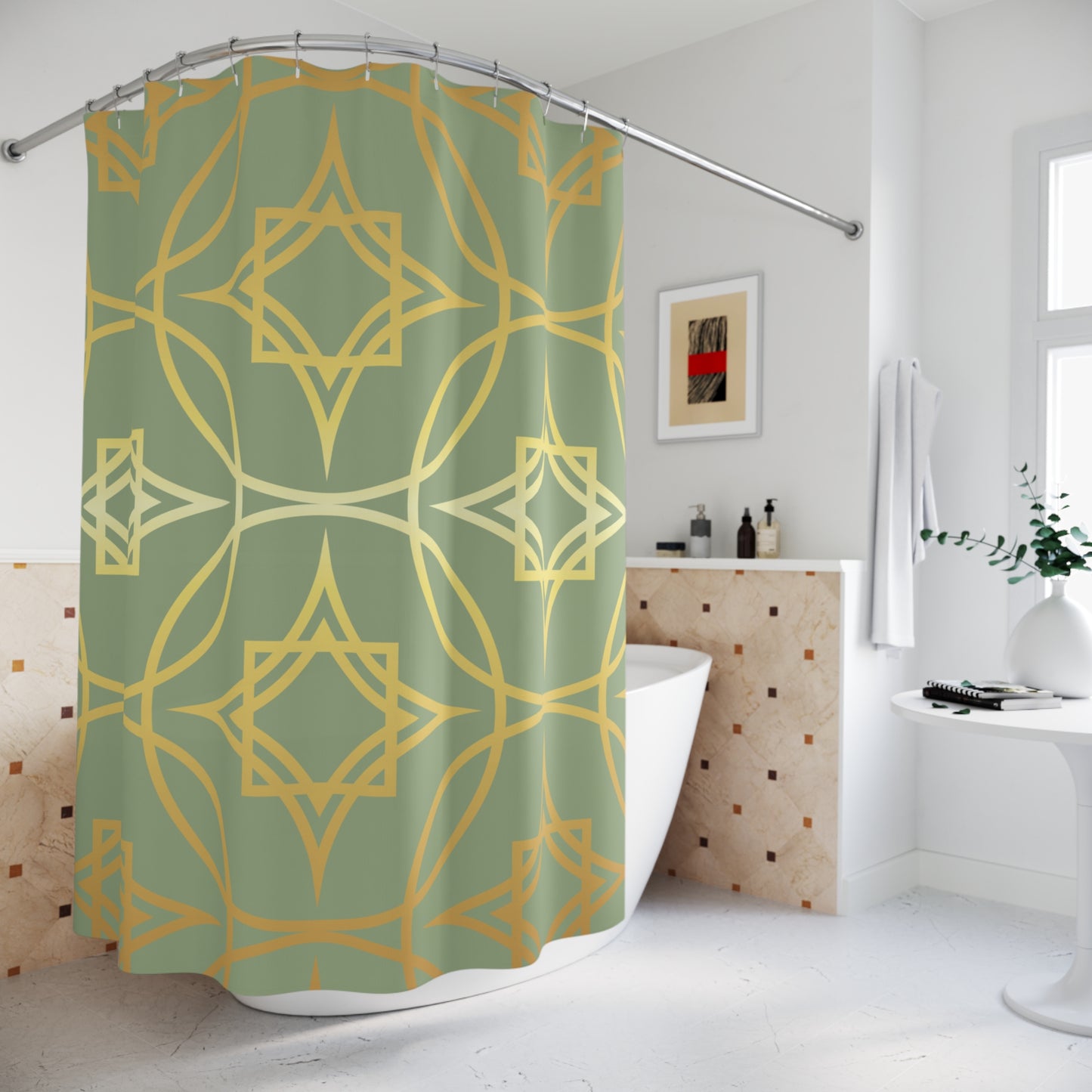 Gilded Geometric Shower Curtain — Sage Green & Gold Bath Décor