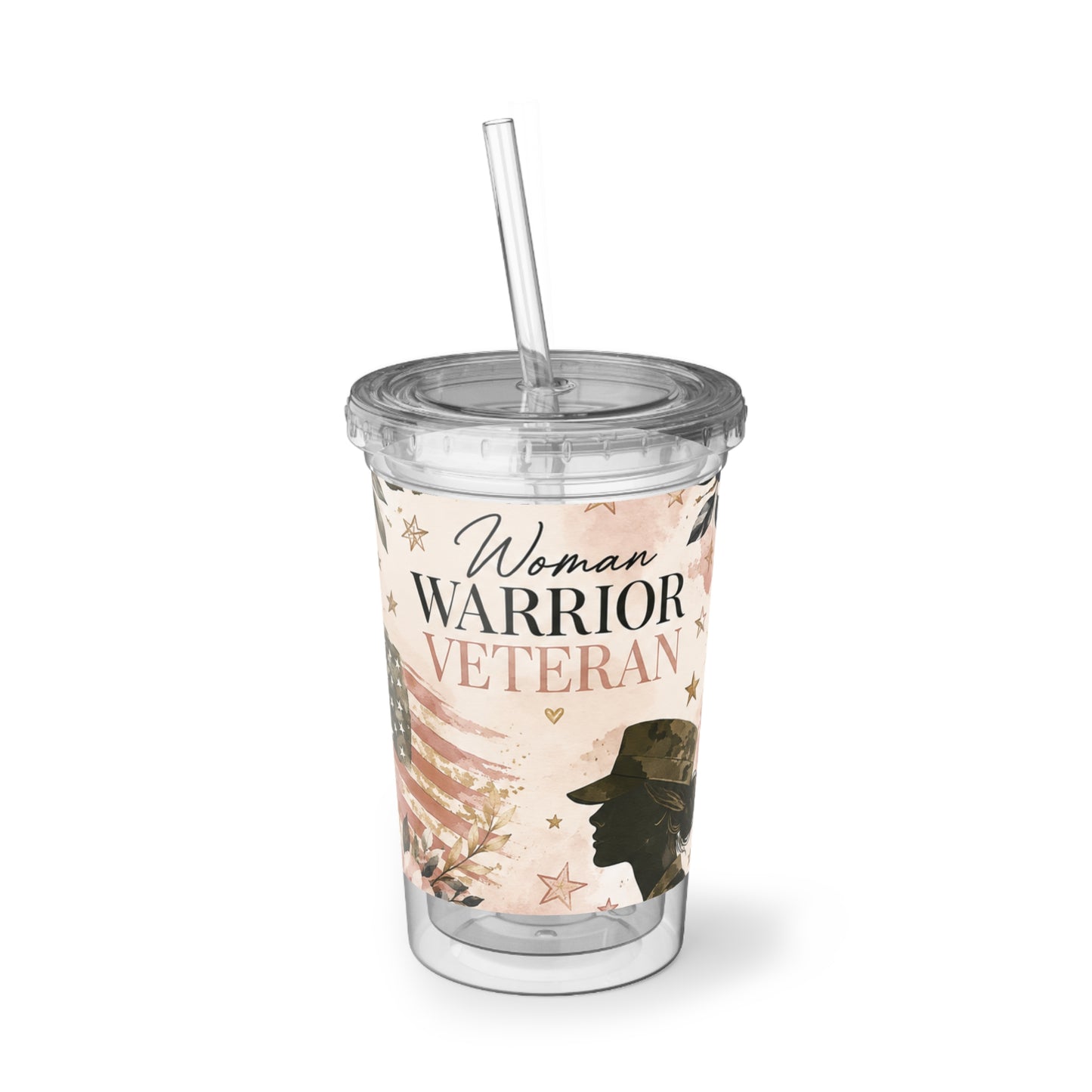Woman Warrior Veteran Acrylic Tumbler — Patriotic Floral Suave Cup