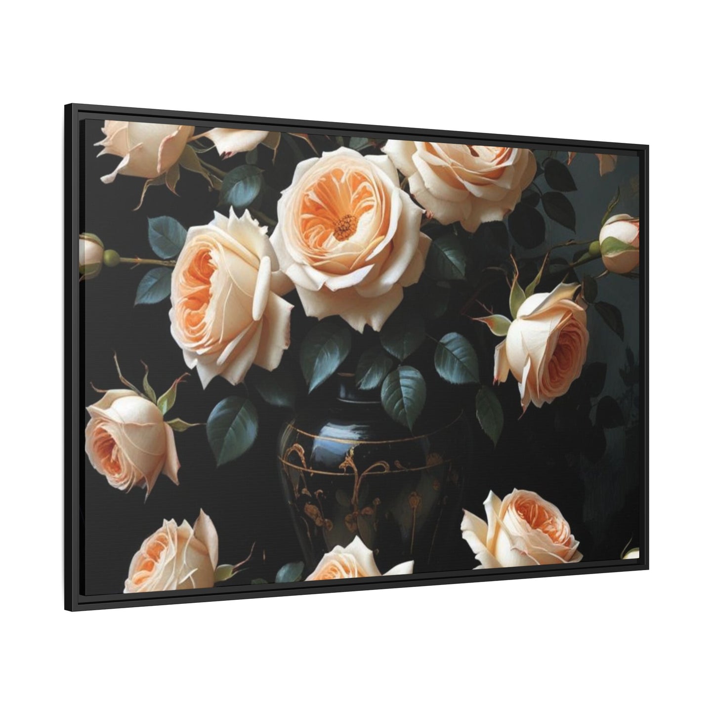 Peach Roses in Black Vase Floral Framed Matte Canvas Print