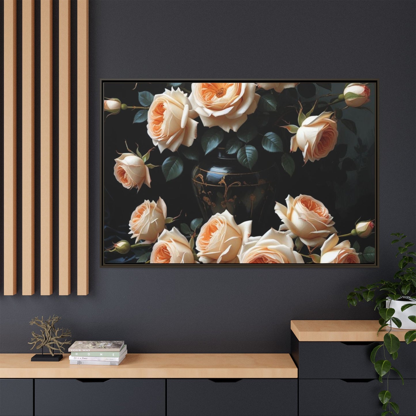 Peach Roses in Black Vase Floral Framed Matte Canvas Print