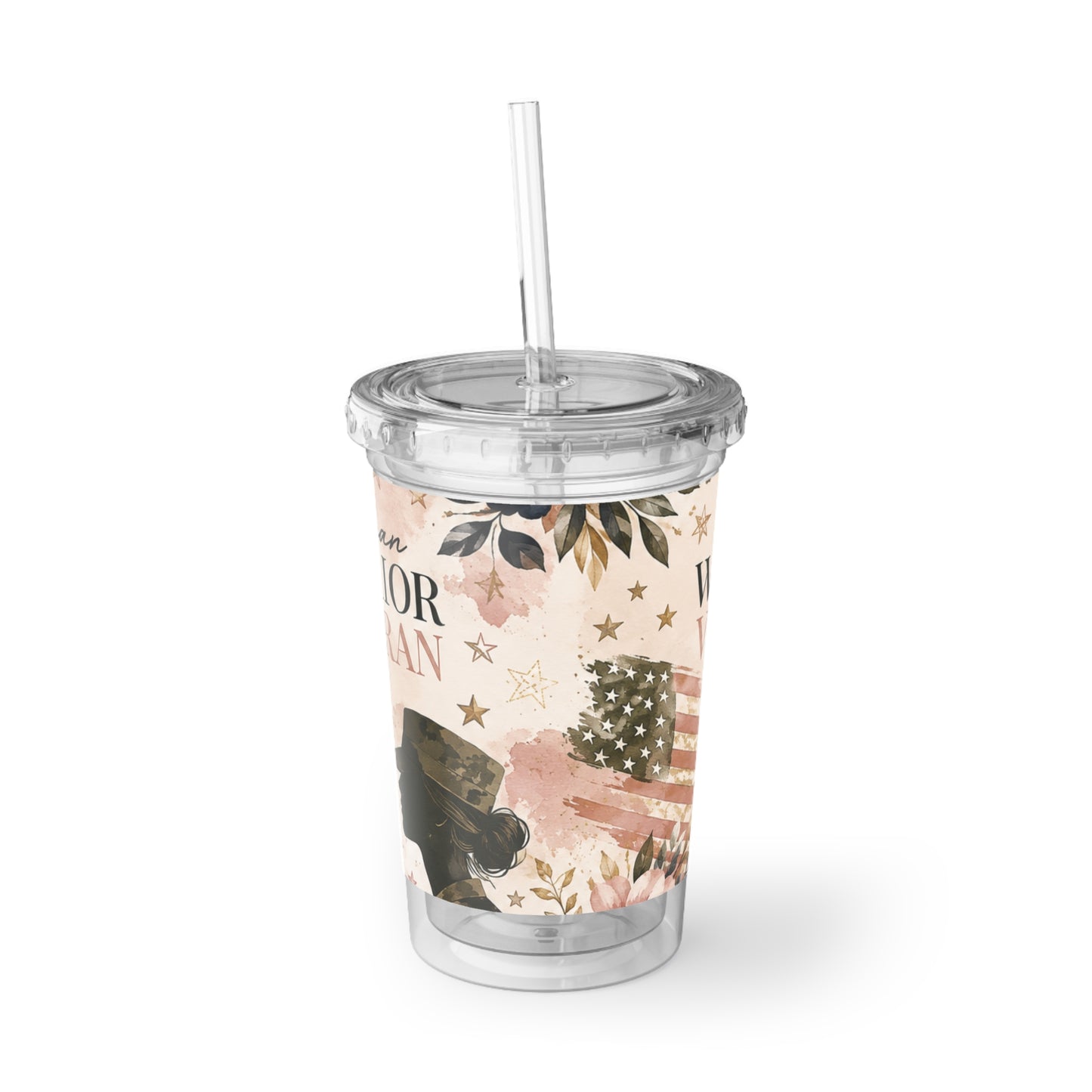 Woman Warrior Veteran Acrylic Tumbler — Patriotic Floral Suave Cup