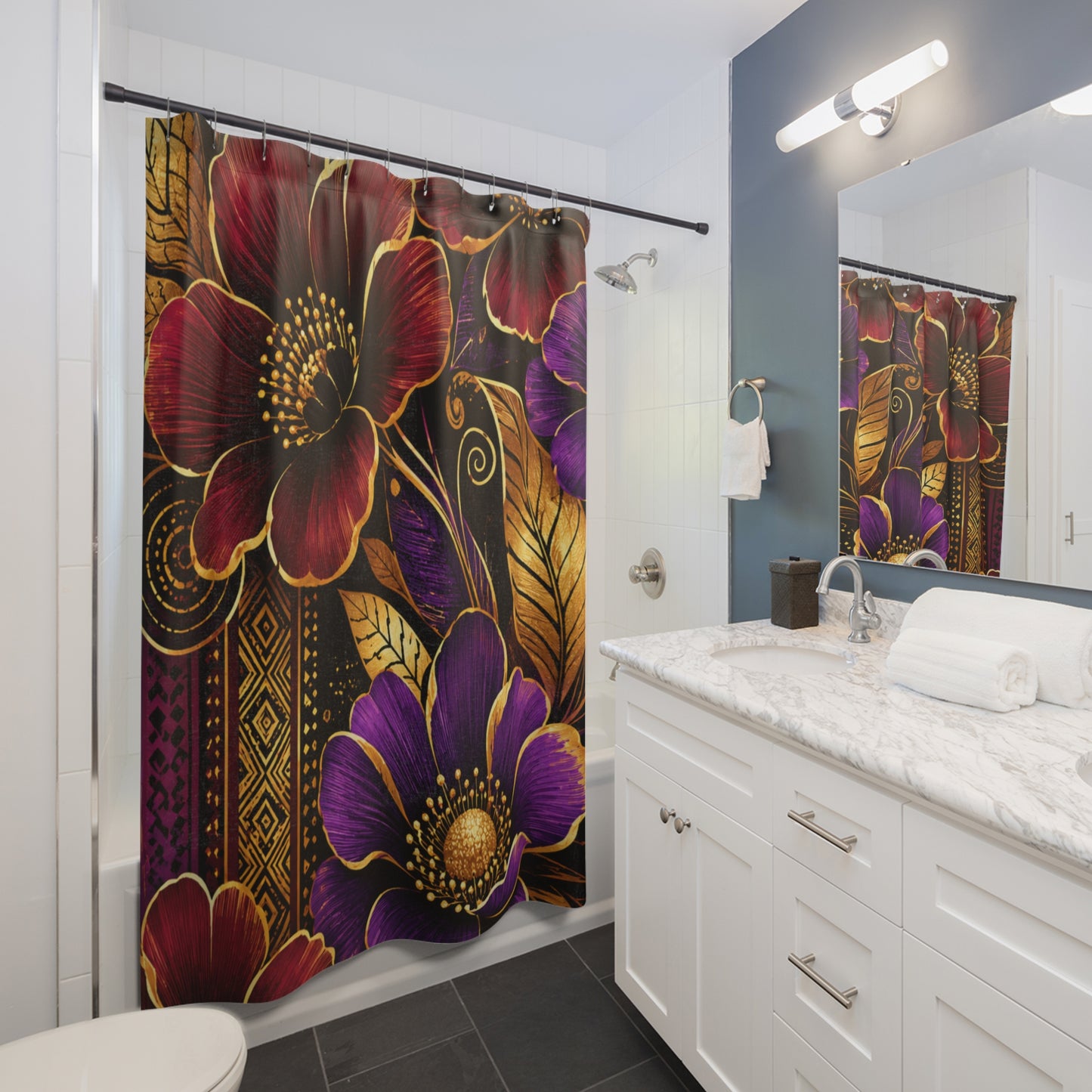 Zuri Garden Shower Curtain – African-Inspired Floral Bathroom Decor in Burgundy, Gold, Black & Purple