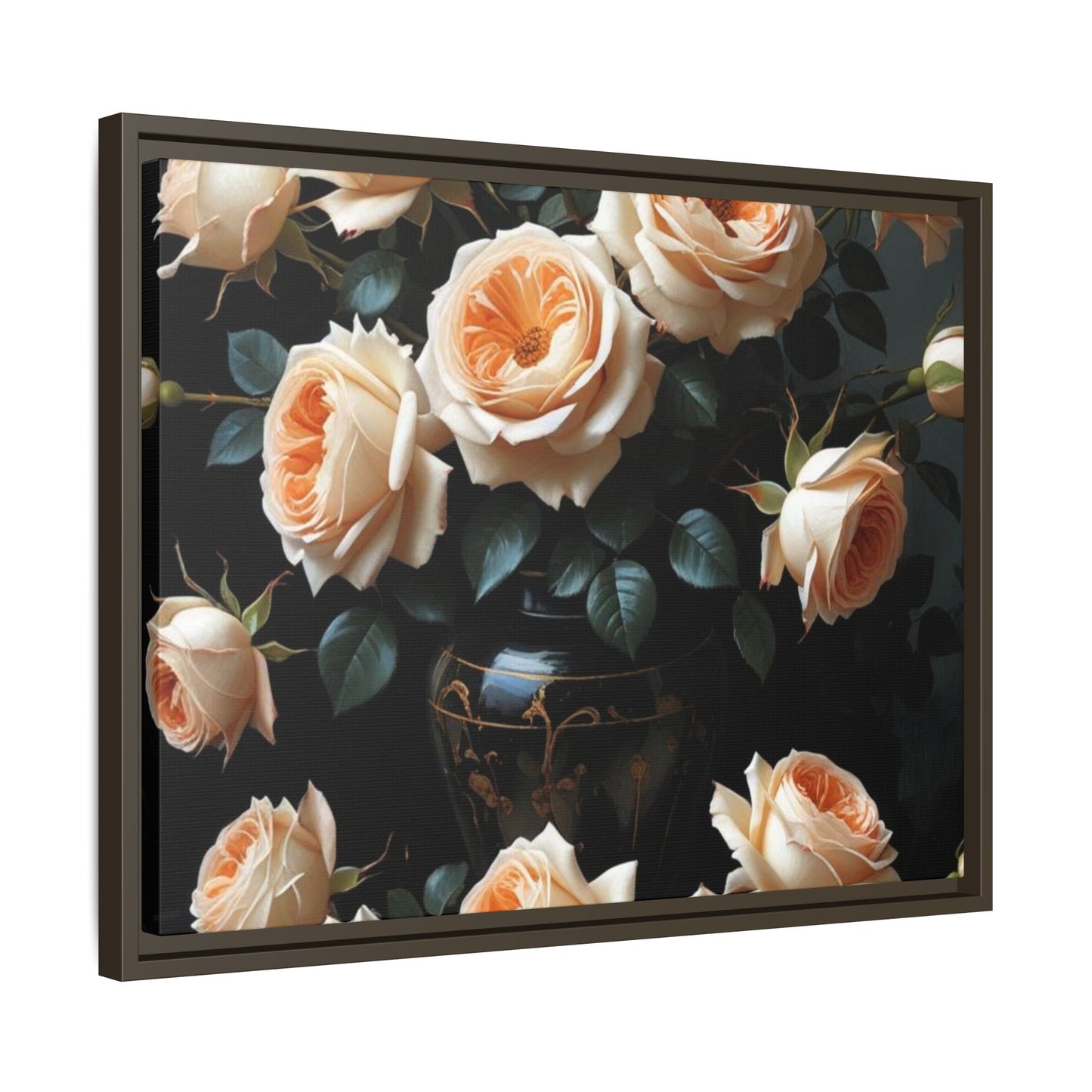 Peach Roses in Black Vase Floral Framed Matte Canvas Print