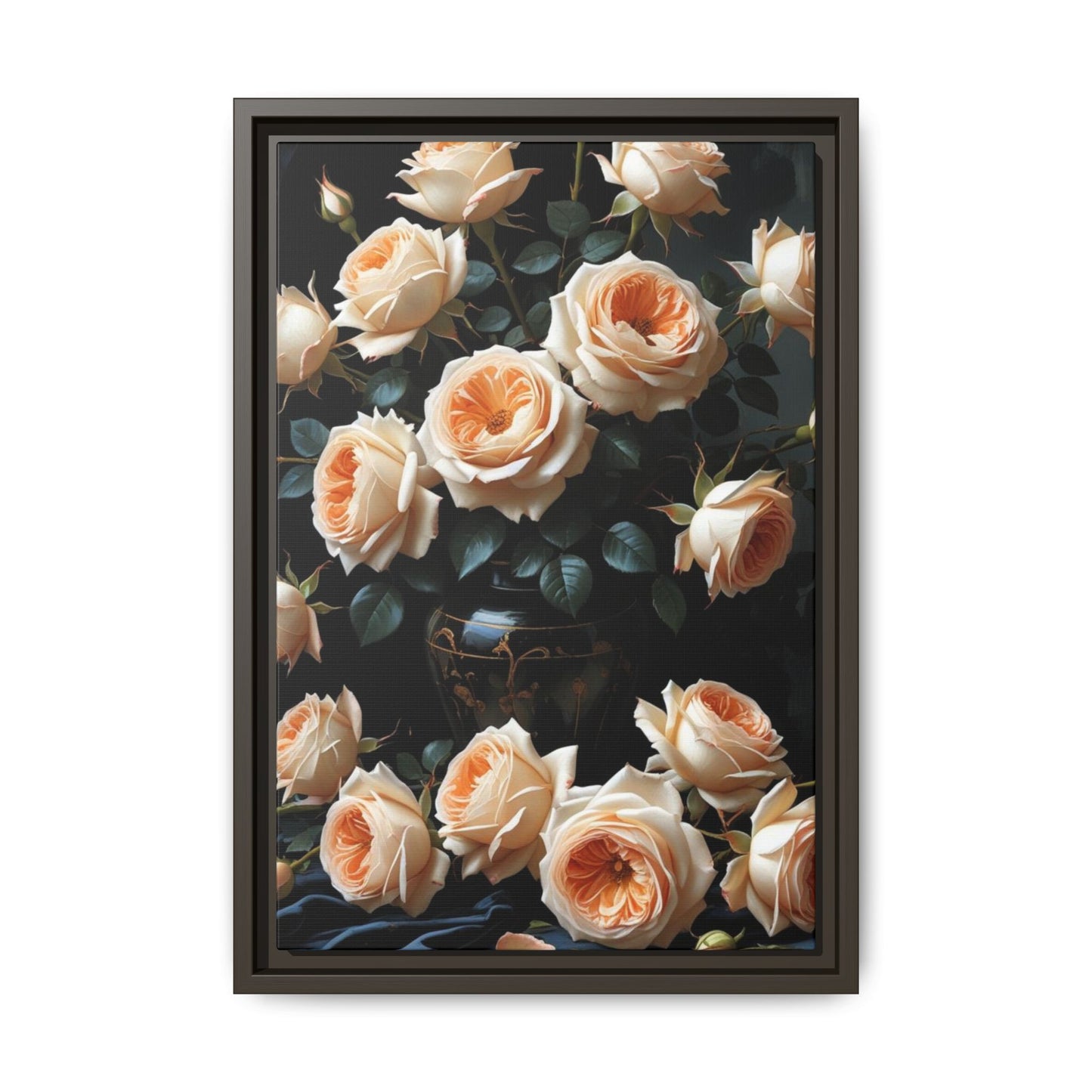 Peach Roses in Black Vase Floral Framed Matte Canvas Print