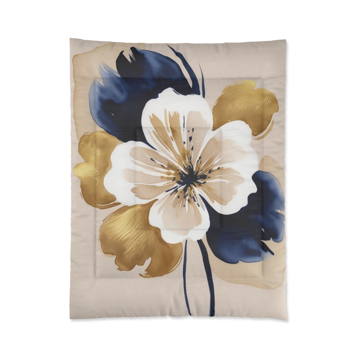 Floral Gold & Navy Comforter – Large Watercolor Blossom Bedding