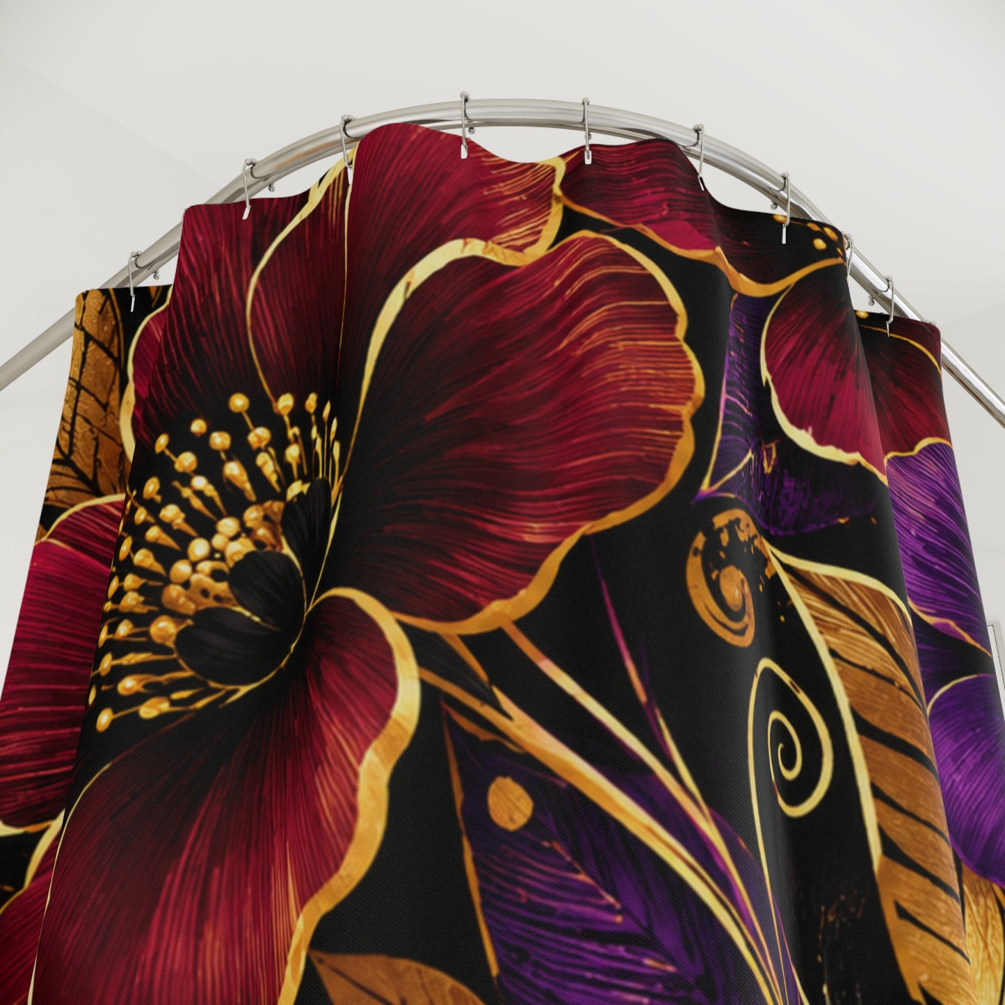 Zuri Garden Shower Curtain – African-Inspired Floral Bathroom Decor in Burgundy, Gold, Black & Purple