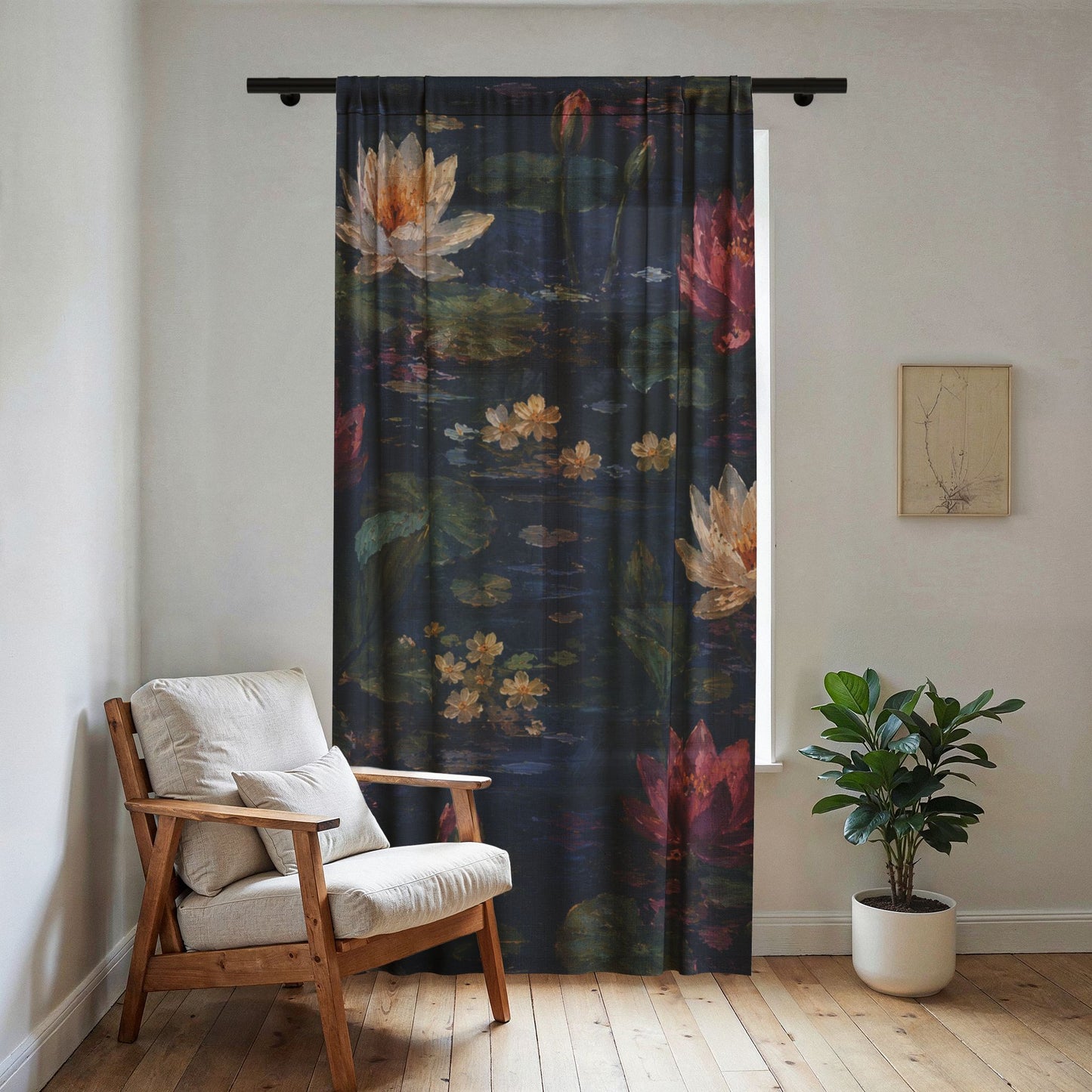 Dark Blue Lotus Pond Sheer Curtain — Floral Window Panel for Living Room, Bedroom
