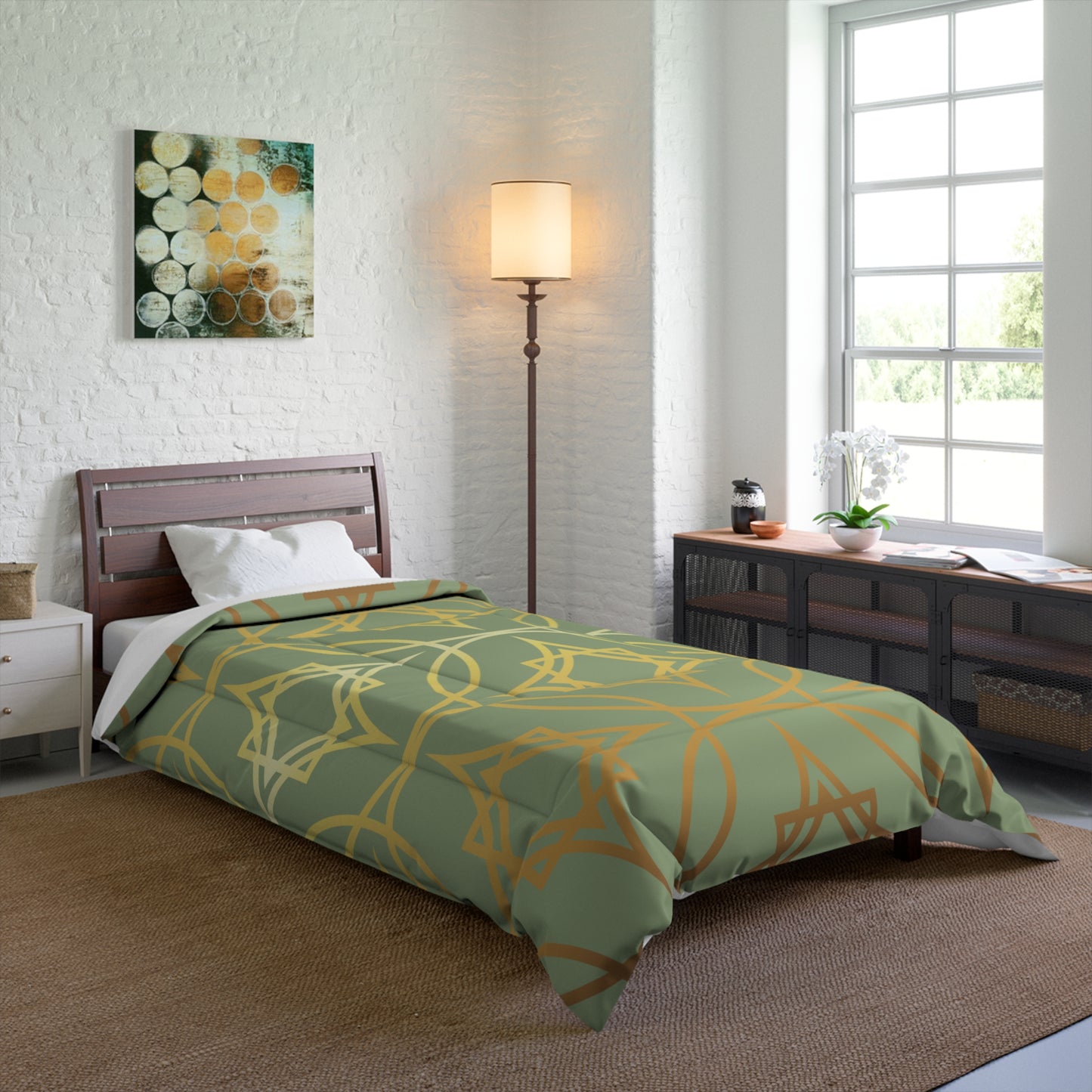 Gilded Geometric Star Pattern Comforter - Sage Green & Gold Bedding