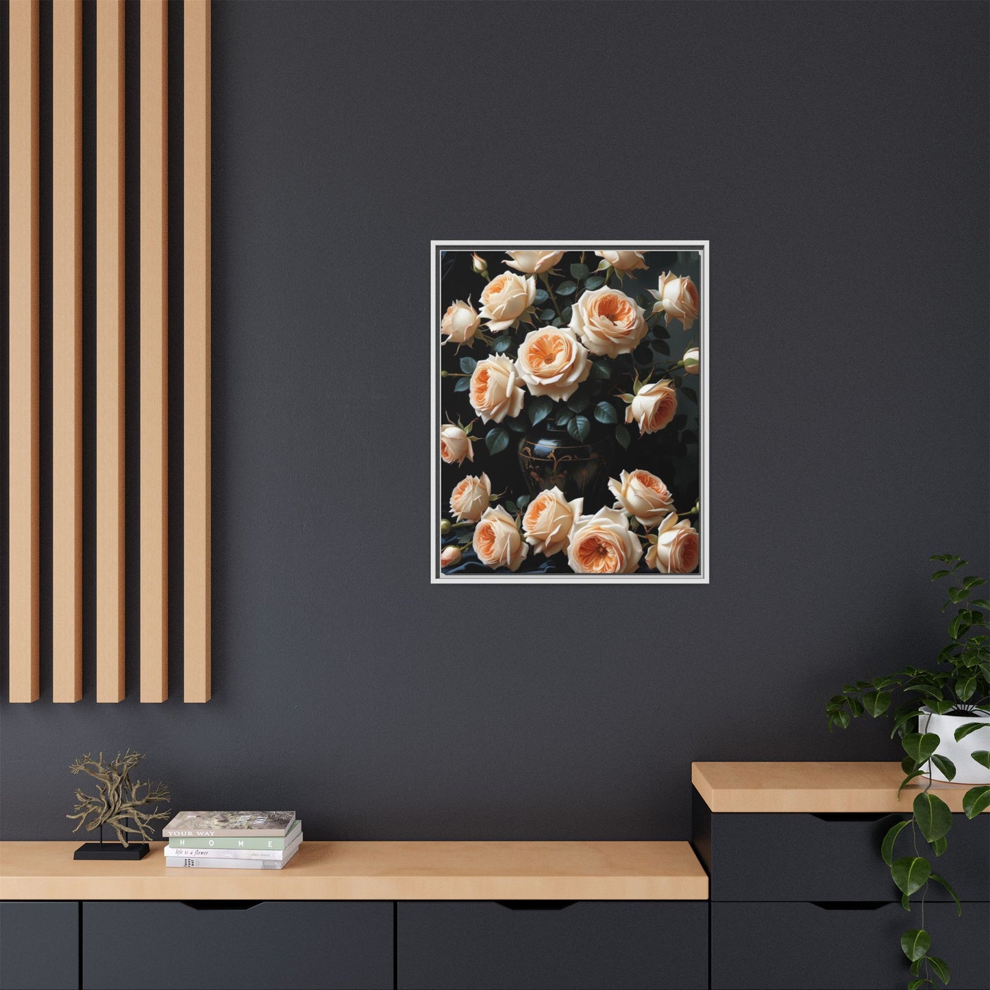 Peach Roses in Black Vase Floral Framed Matte Canvas Print