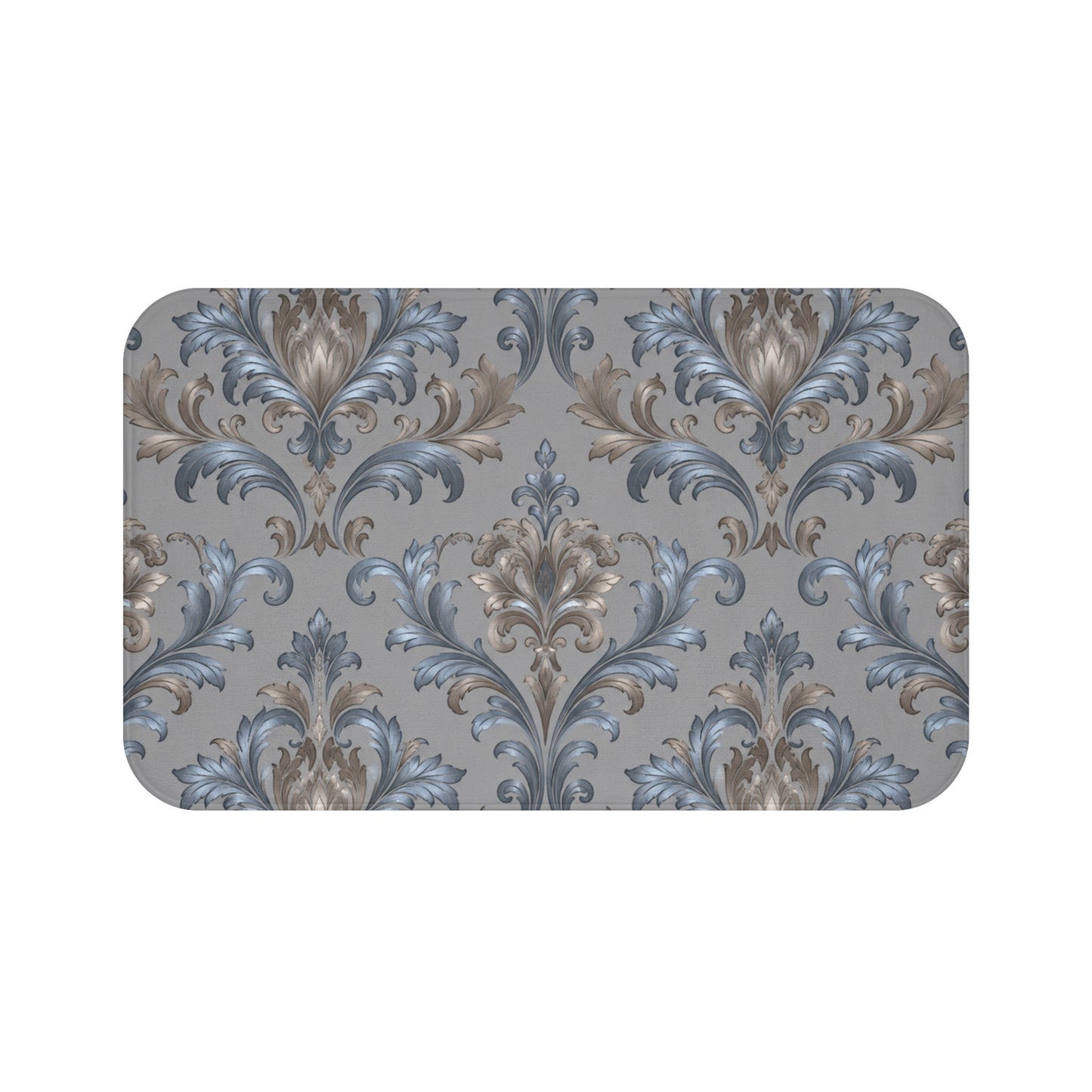 Elegant Blue Gray Damask Bath Mat — Vintage Floral Non-Slip Bath Rug