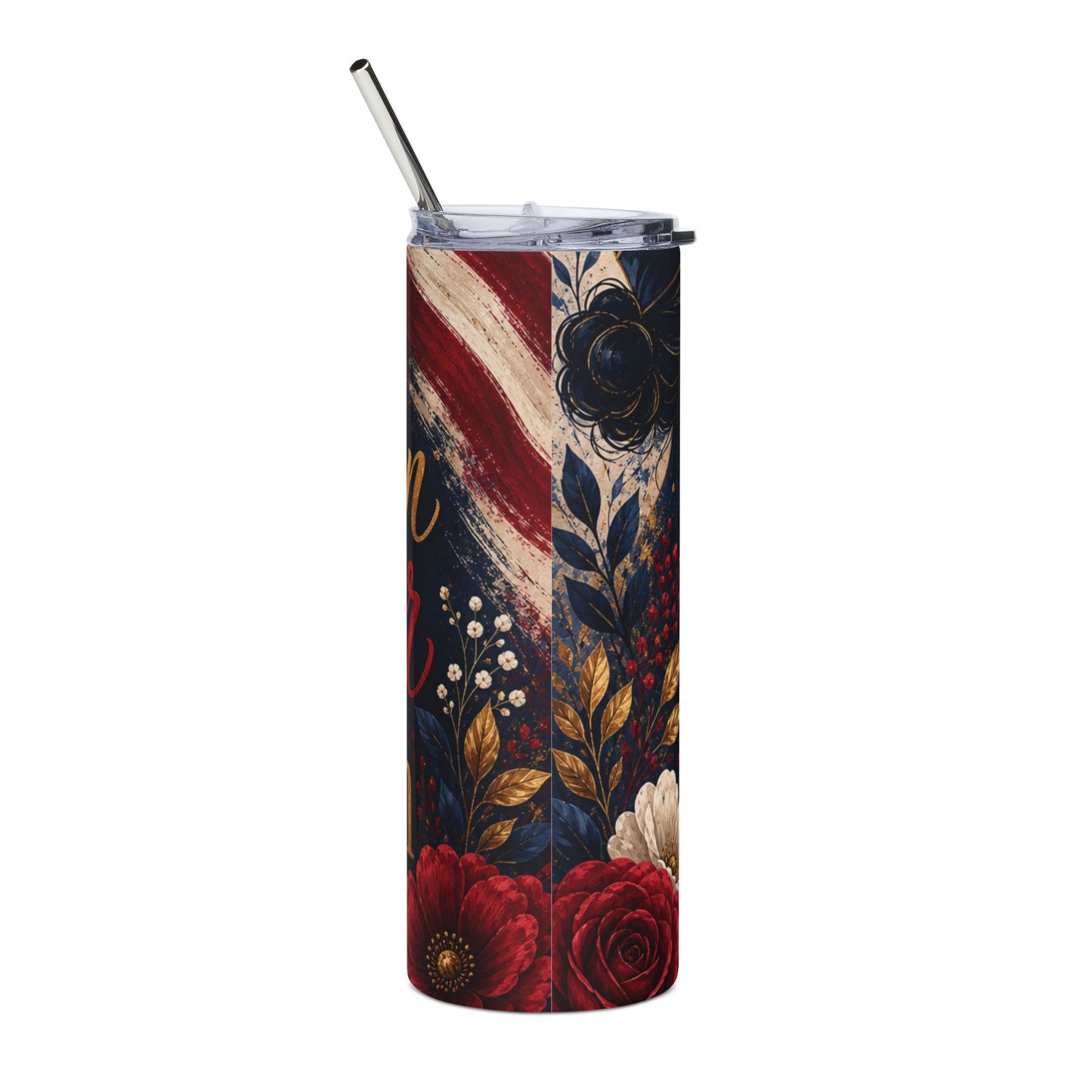 Woman Veteran 20oz Stainless Tumbler — Floral Patriotic Insulated Travel Cup