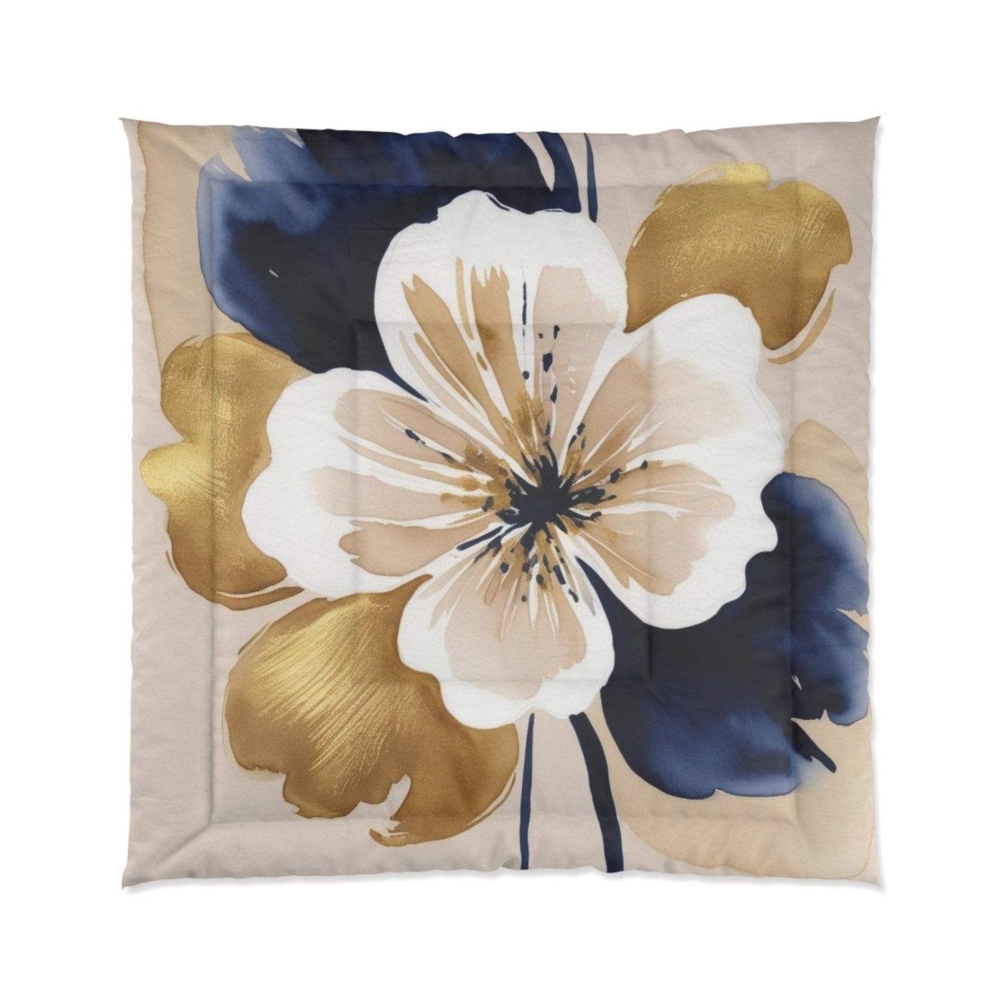 Floral Gold & Navy Comforter – Large Watercolor Blossom Bedding