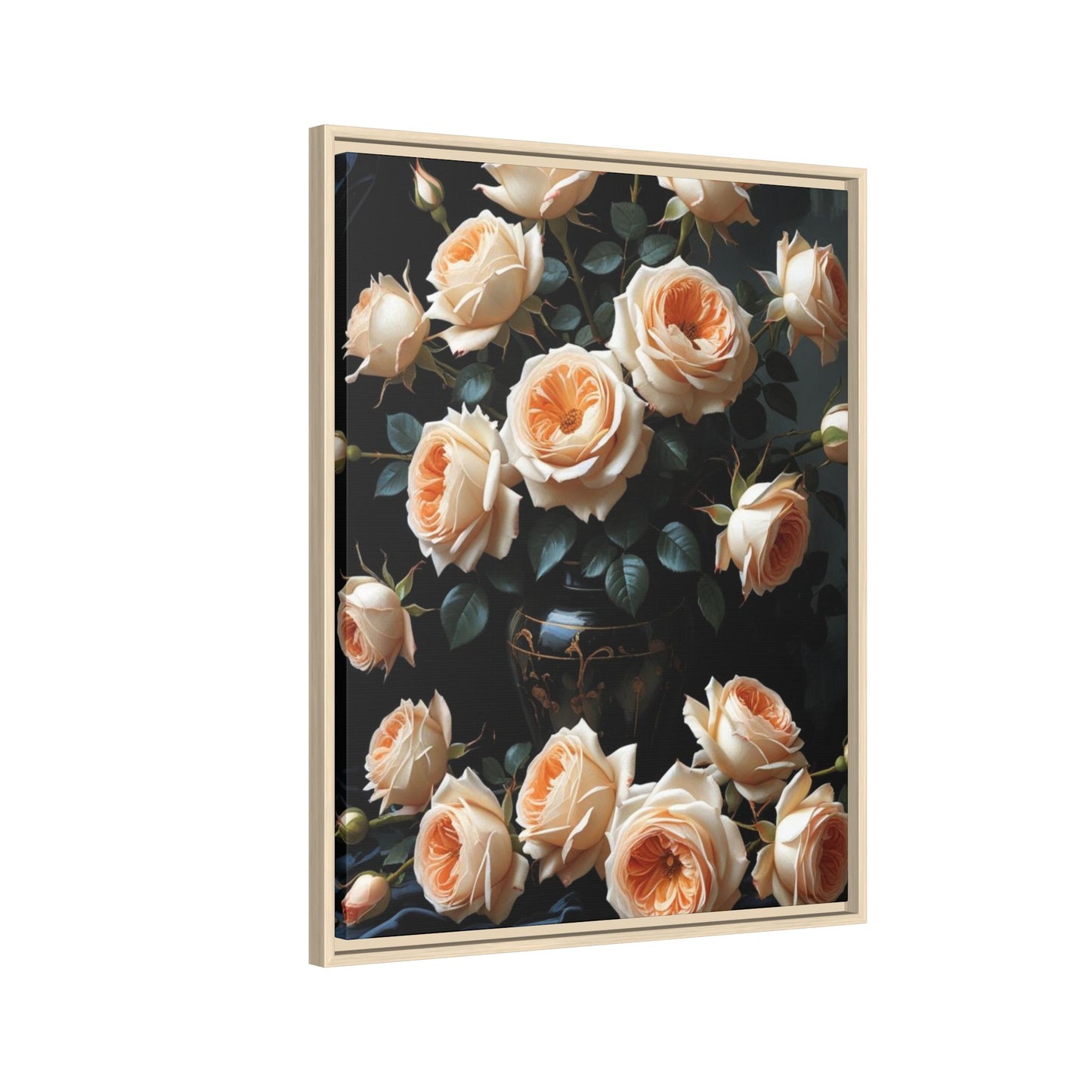 Peach Roses in Black Vase Floral Framed Matte Canvas Print