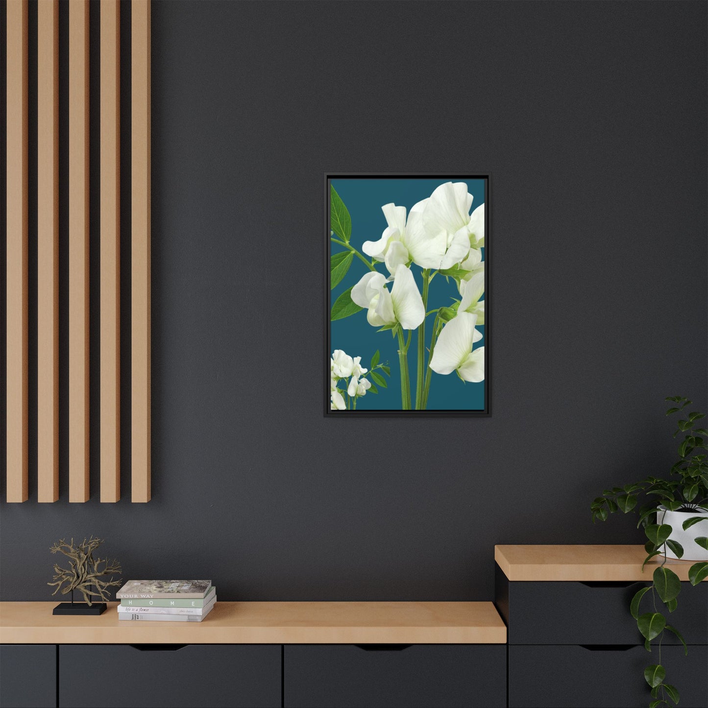 Framed White Sweet Pea Floral Matte Canvas Print
