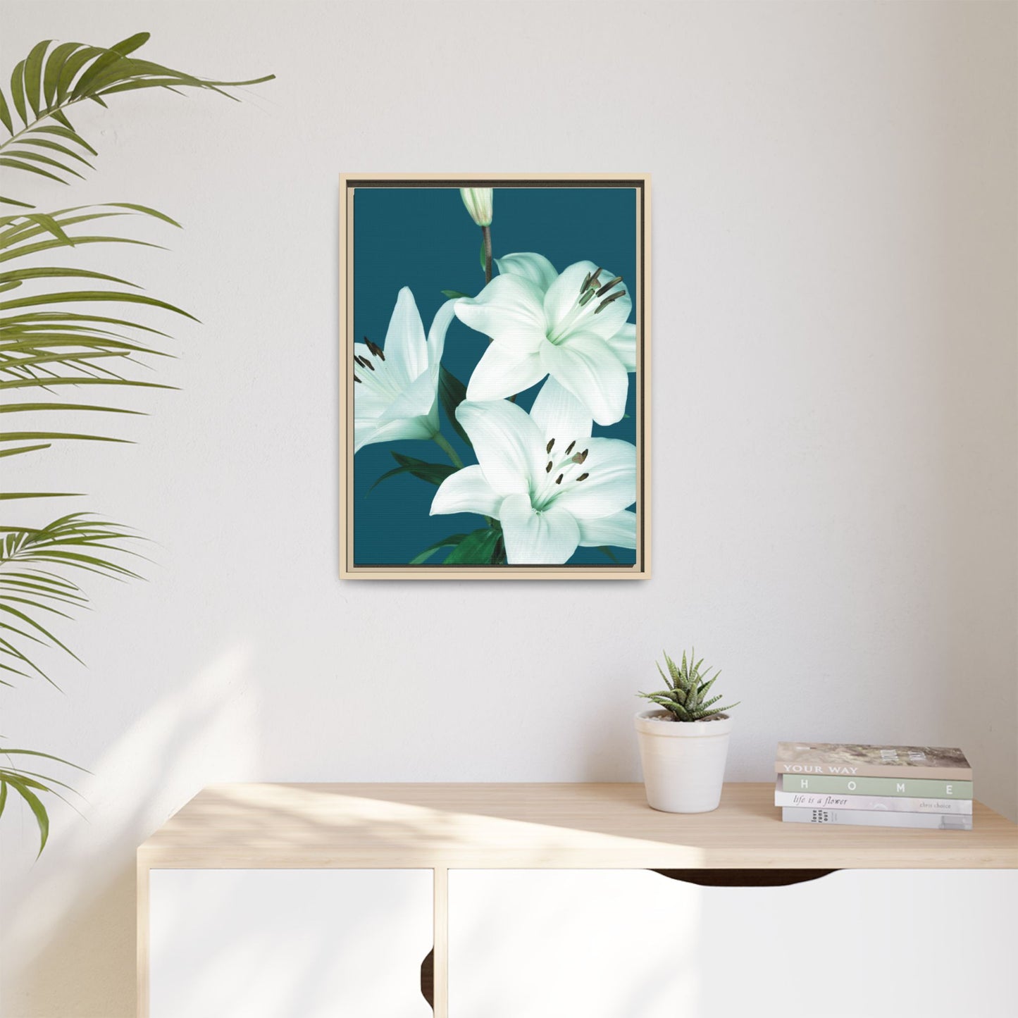 Teal Wave White Lily Botanical Framed Canvas Print