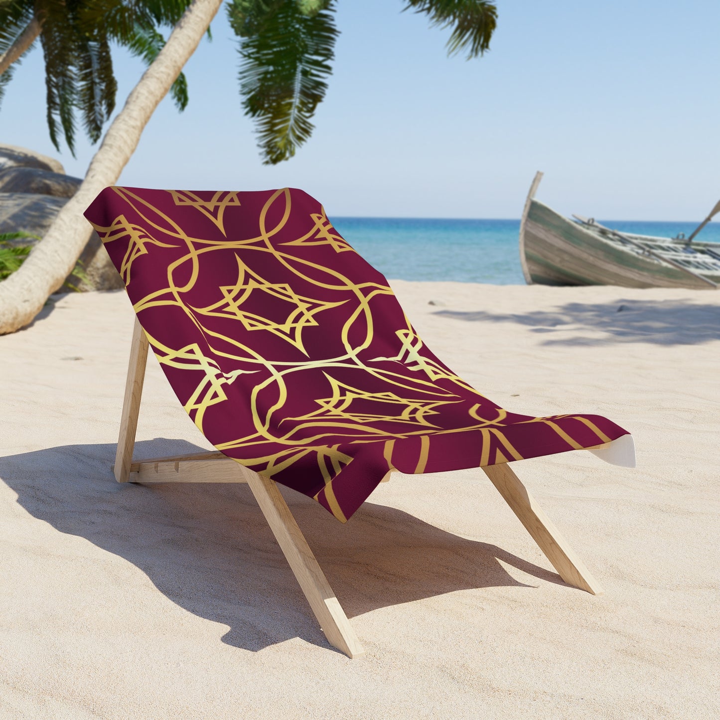 Gilded Geometric Beach Towel — Burgundy & Gold Moroccan Pattern