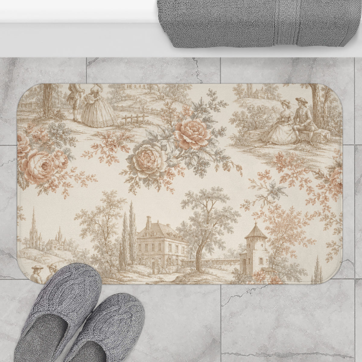 Château Rosé Bath Mat — Soft Floral Chateau Bathroom Rug