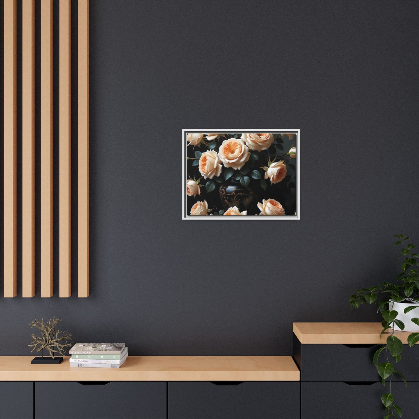 Peach Roses in Black Vase Floral Framed Matte Canvas Print