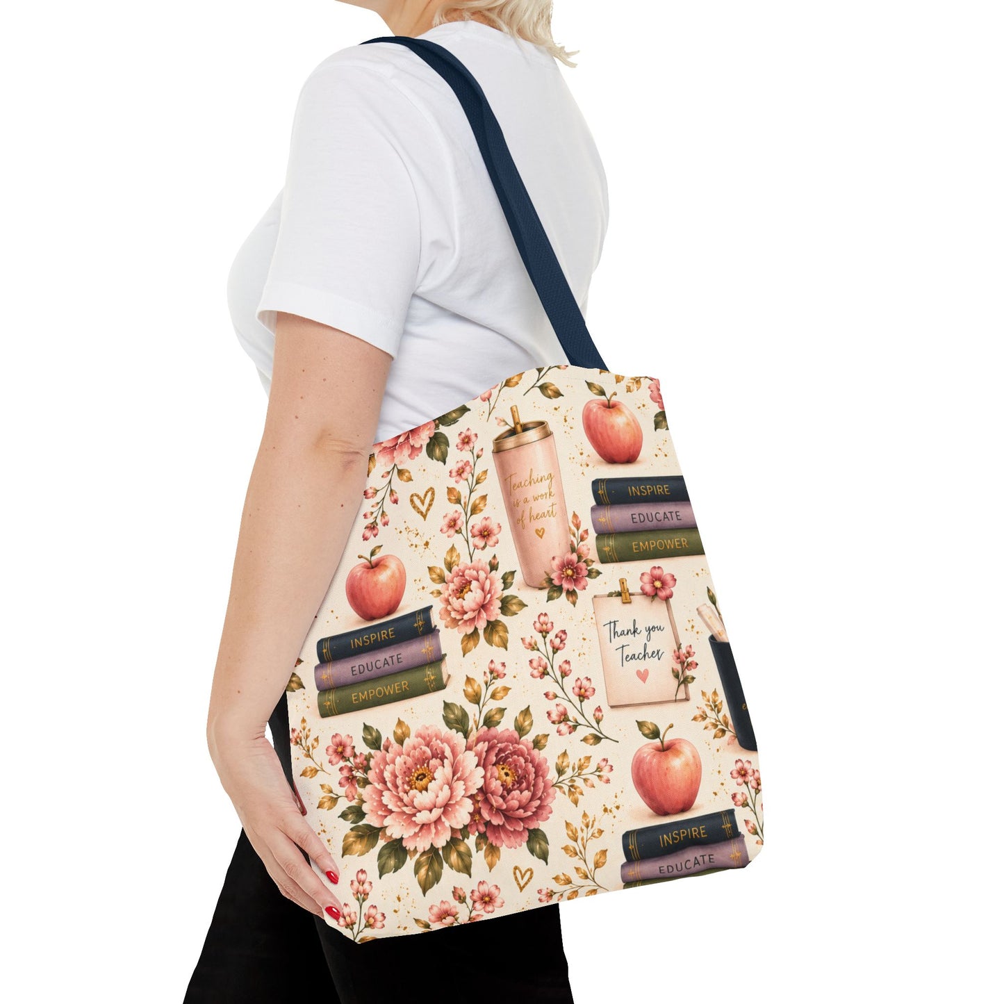 Teacher Appreciation Tote Bag - 'Thank You Teacher' Book & Apple Pattern