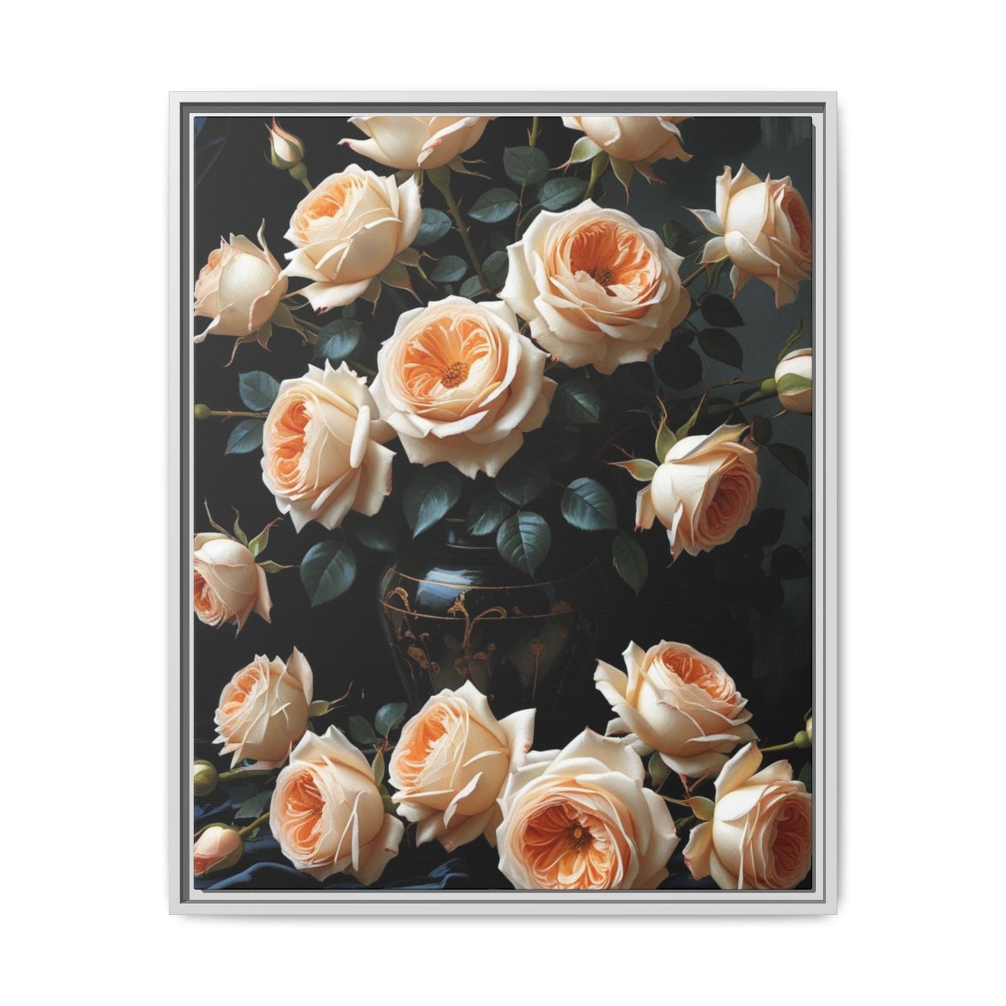Peach Roses in Black Vase Floral Framed Matte Canvas Print