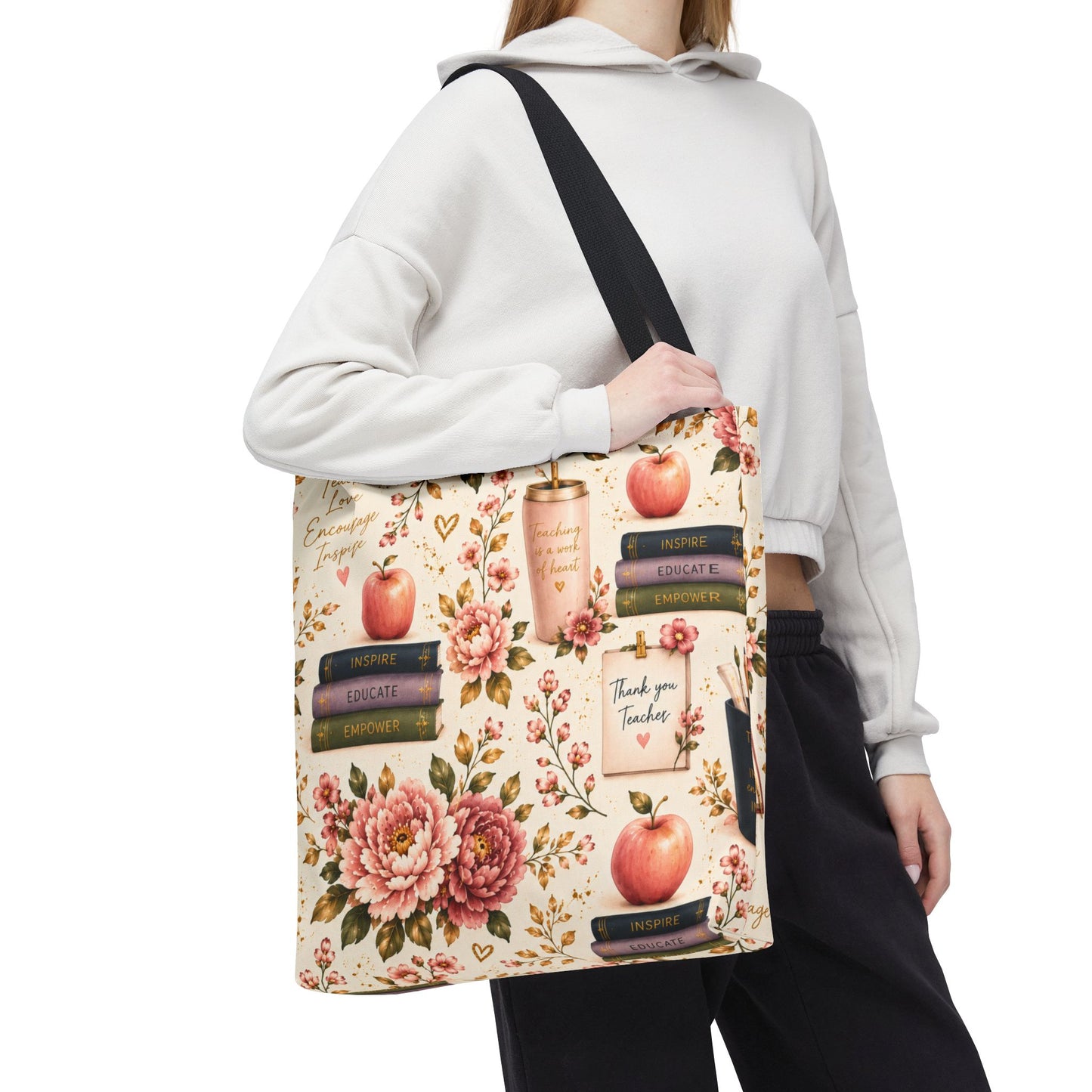 Teacher Appreciation Tote Bag - 'Thank You Teacher' Book & Apple Pattern