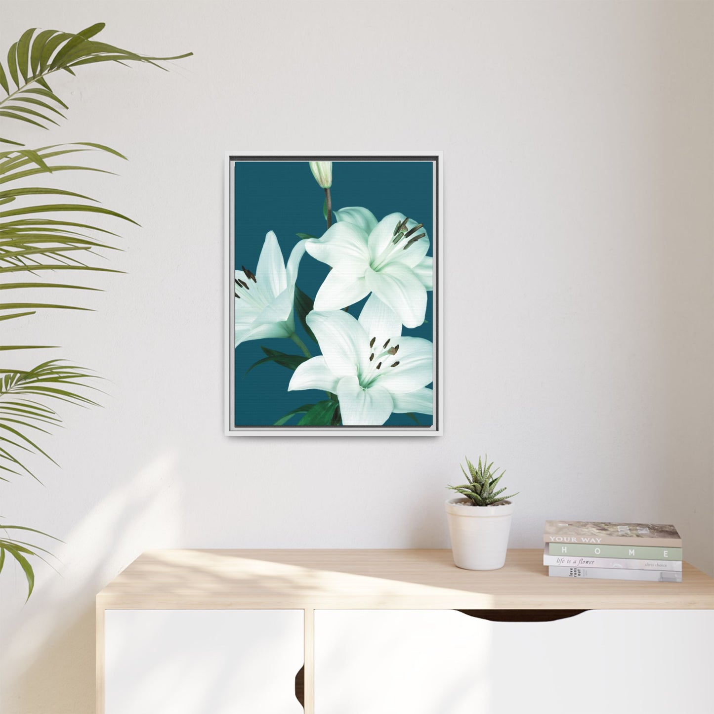 Teal Wave White Lily Botanical Framed Canvas Print