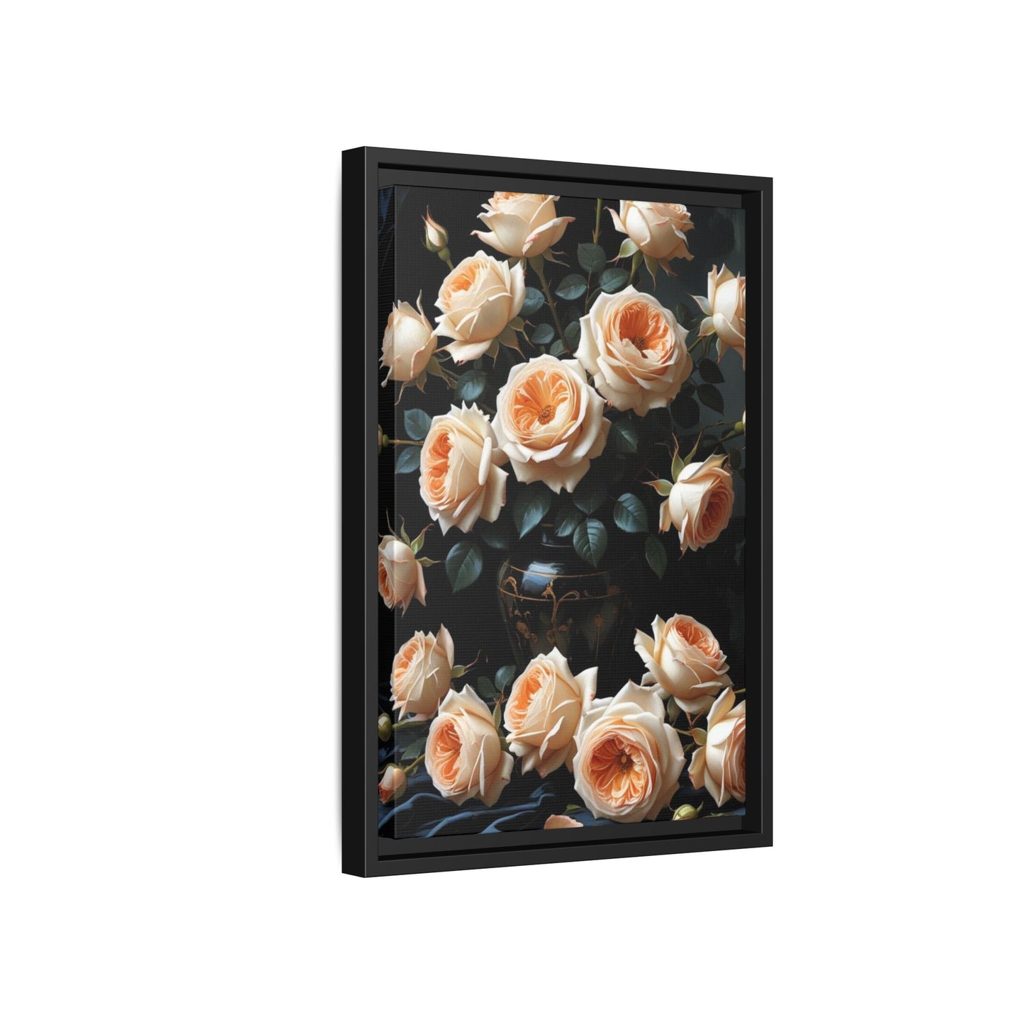 Peach Roses in Black Vase Floral Framed Matte Canvas Print