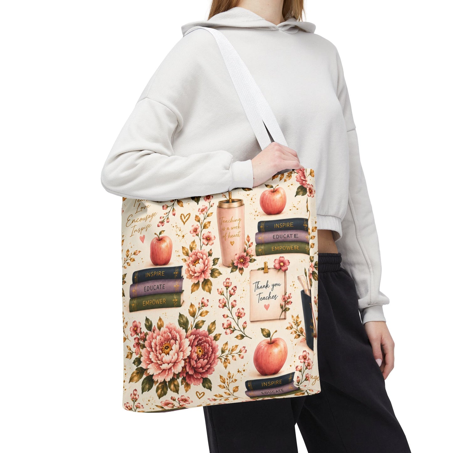 Teacher Appreciation Tote Bag - 'Thank You Teacher' Book & Apple Pattern