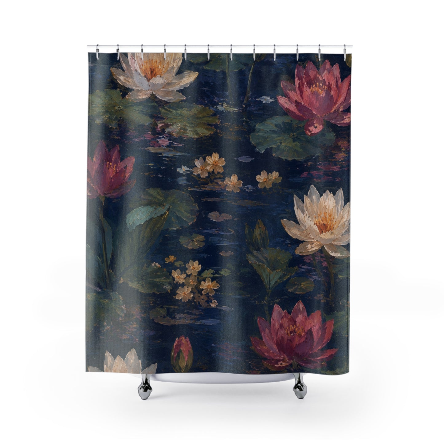 Dark Blue Lotus Pond Shower Curtain — Dark Botanical Bathroom Decor