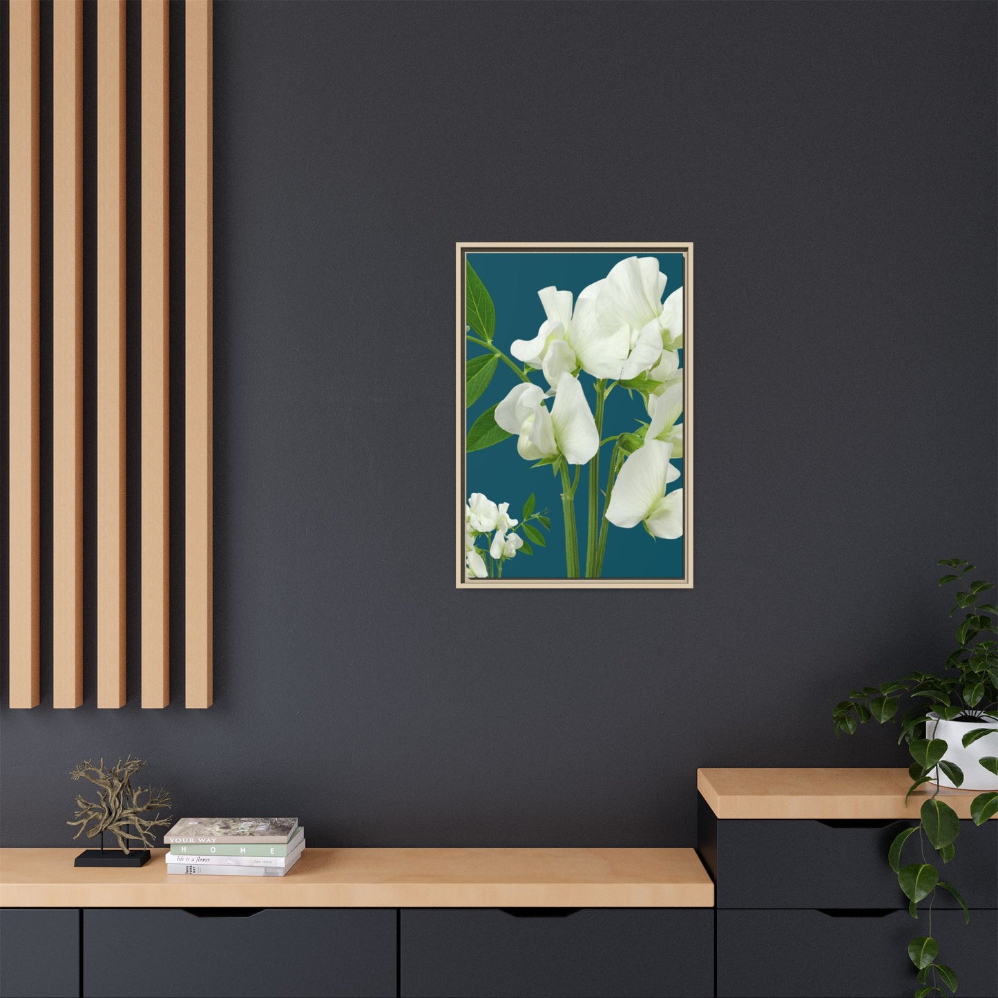 Teal Wave Matching Framed White Sweet Pea Floral Matte Canvas Print