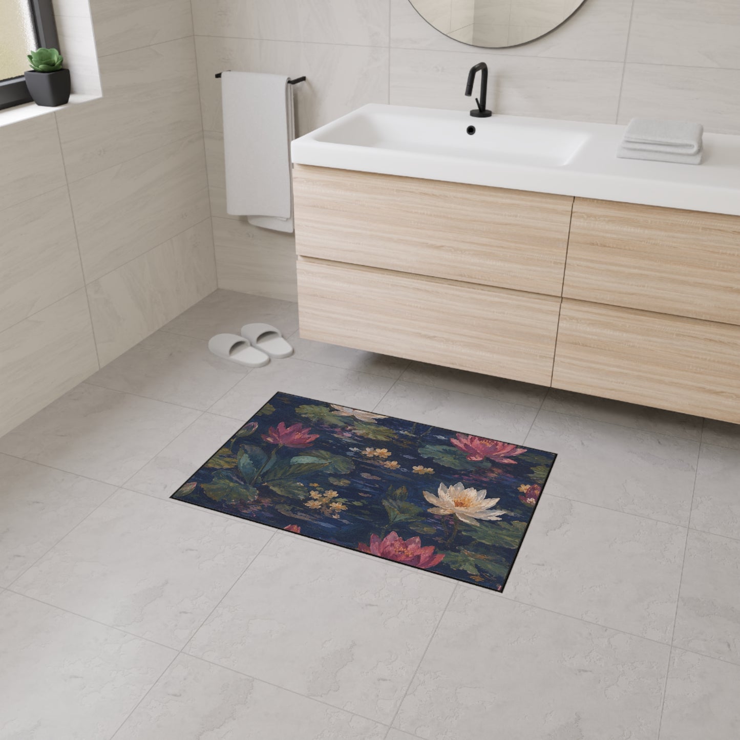 Dark Blue Lotus Pond Heavy-Duty Floor Mat — Durable Entryway Rug