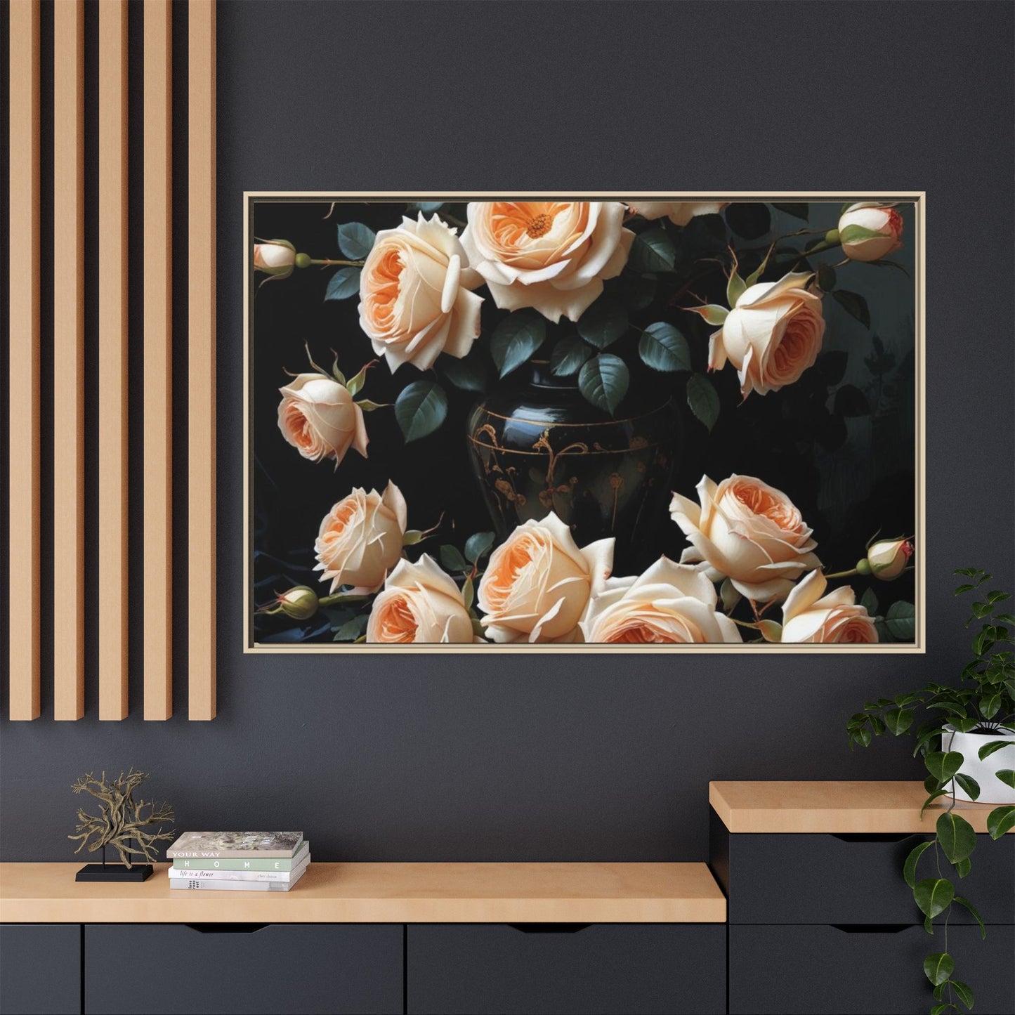 Peach Roses in Black Vase Floral Framed Matte Canvas Print