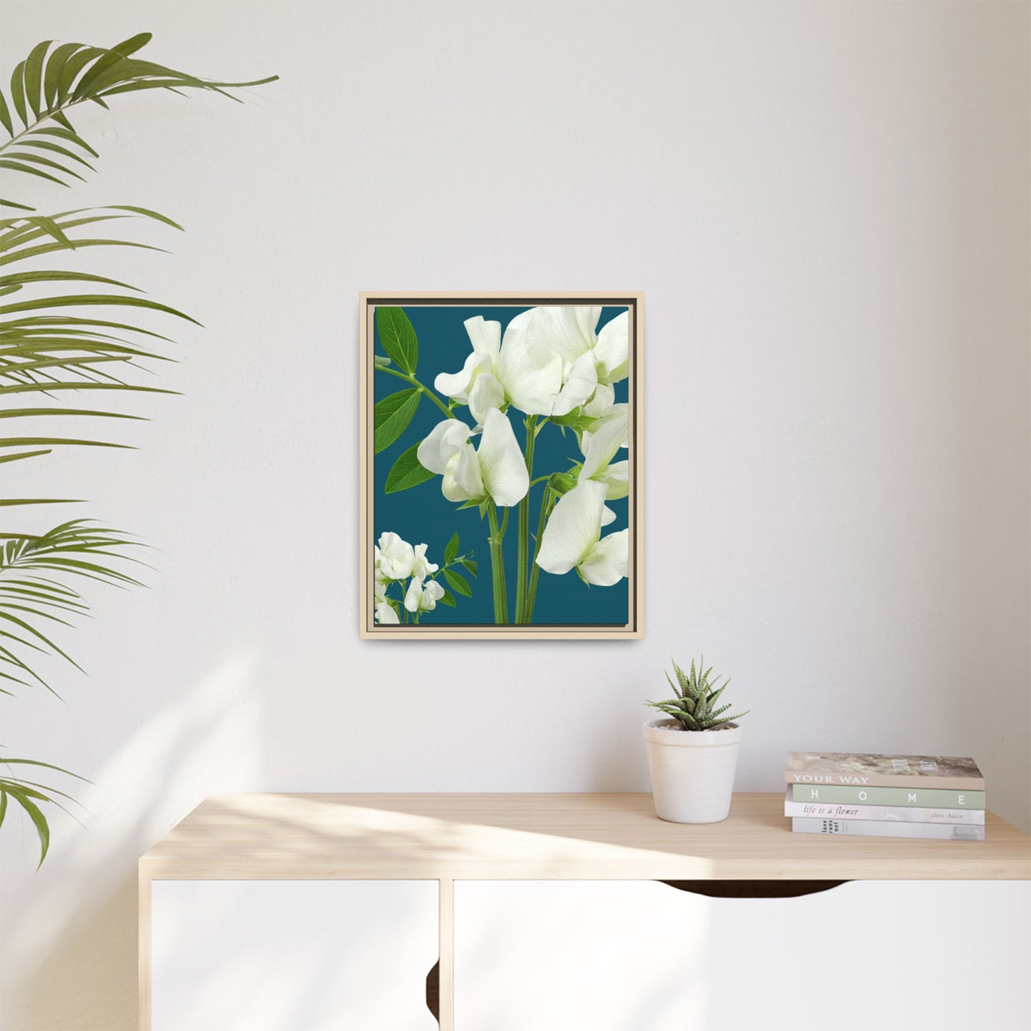 Framed White Sweet Pea Floral Matte Canvas Print