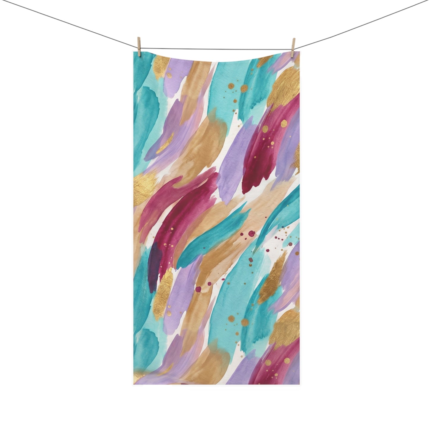 Abstract Watercolor Brushstroke Beach Towel — Teal, Purple & Gold Spa Towel