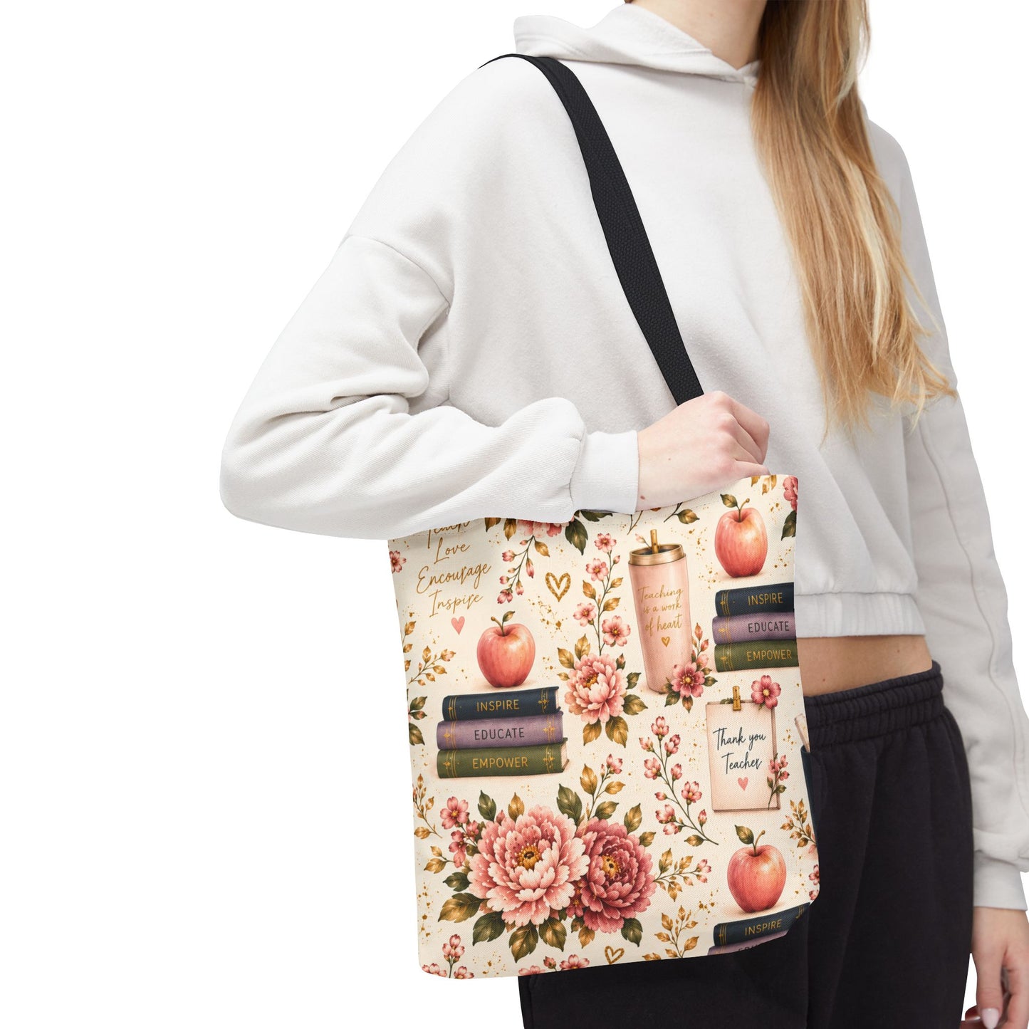 Teacher Appreciation Tote Bag - 'Thank You Teacher' Book & Apple Pattern