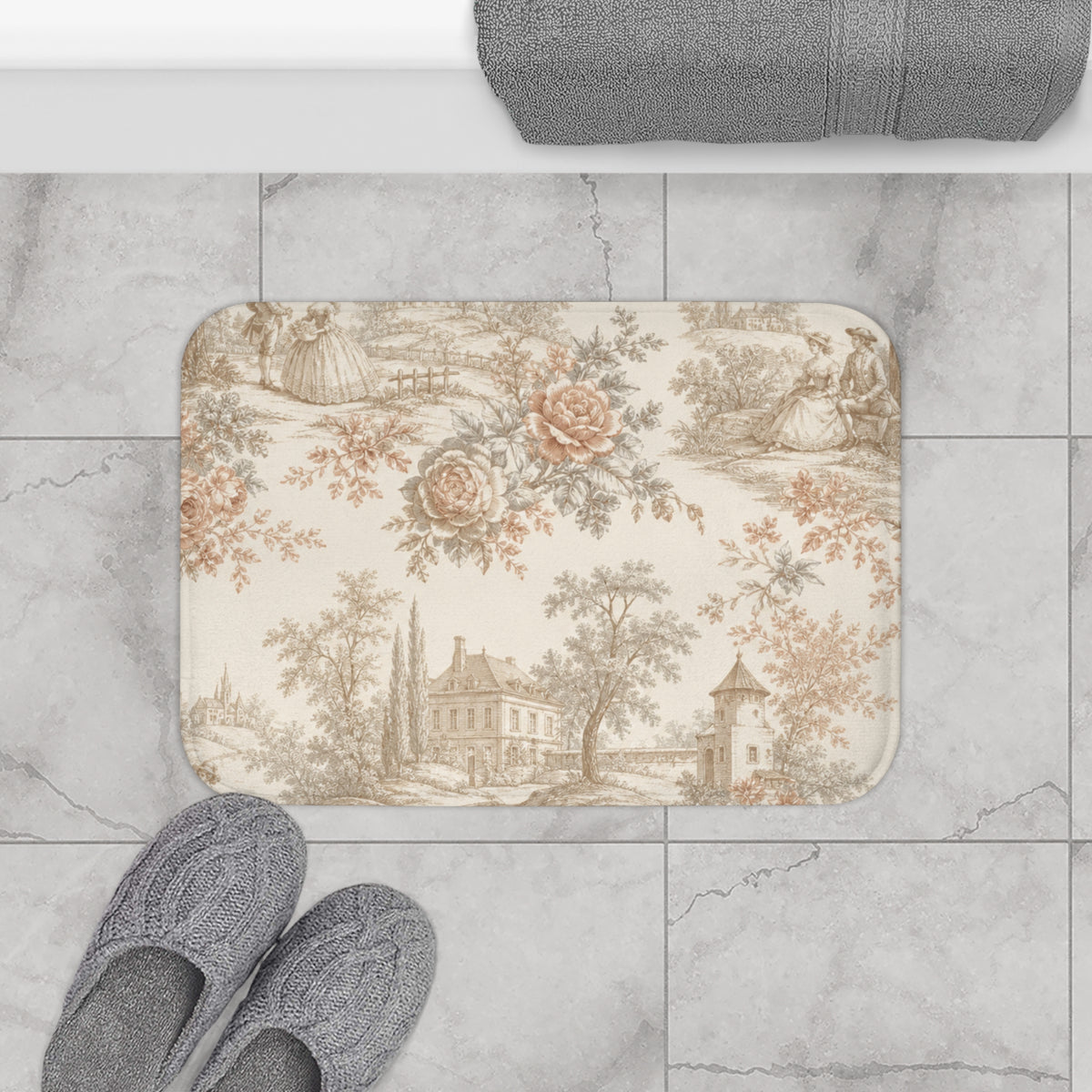 Château Rosé Bath Mat — Soft Floral Chateau Bathroom Rug