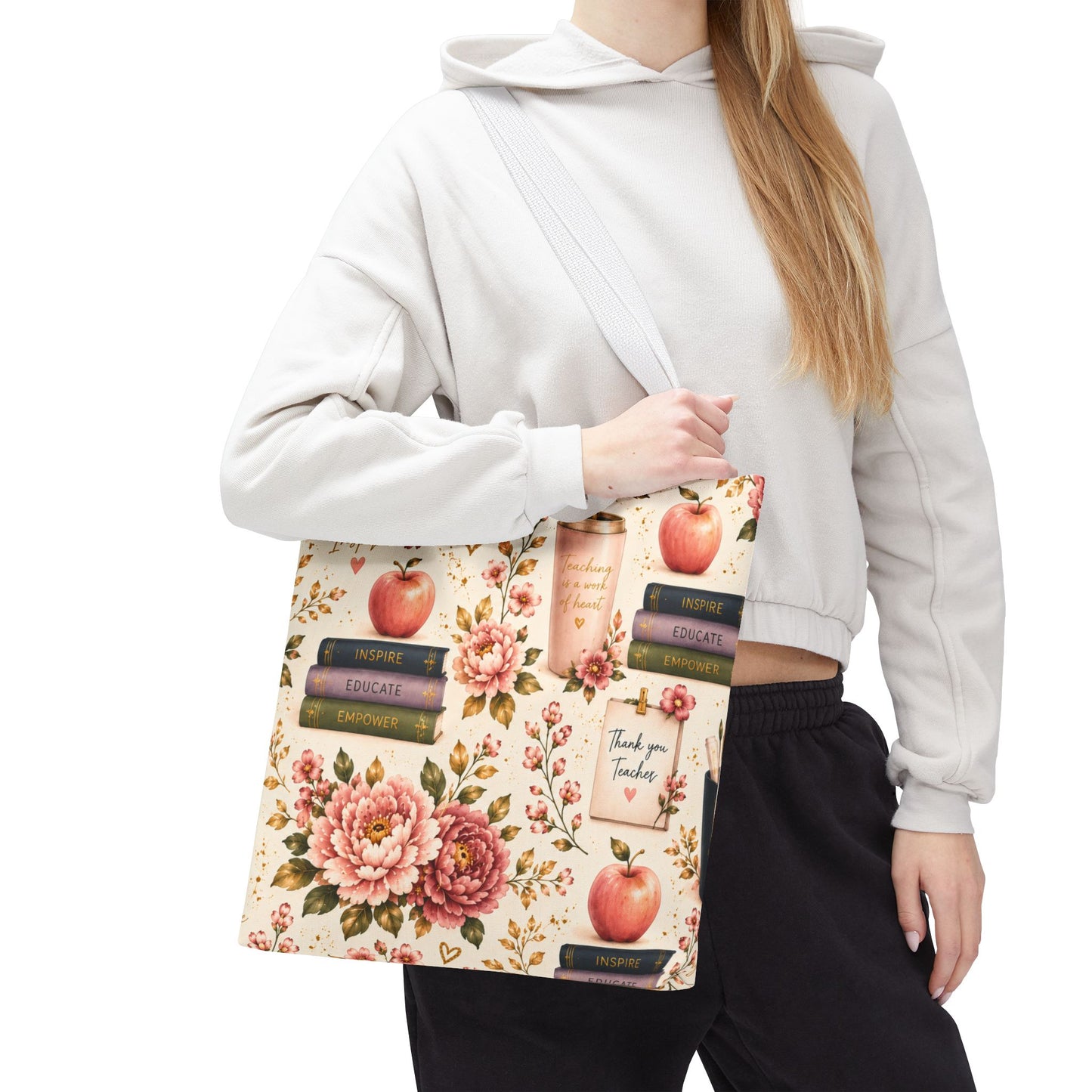 Teacher Appreciation Tote Bag - 'Thank You Teacher' Book & Apple Pattern