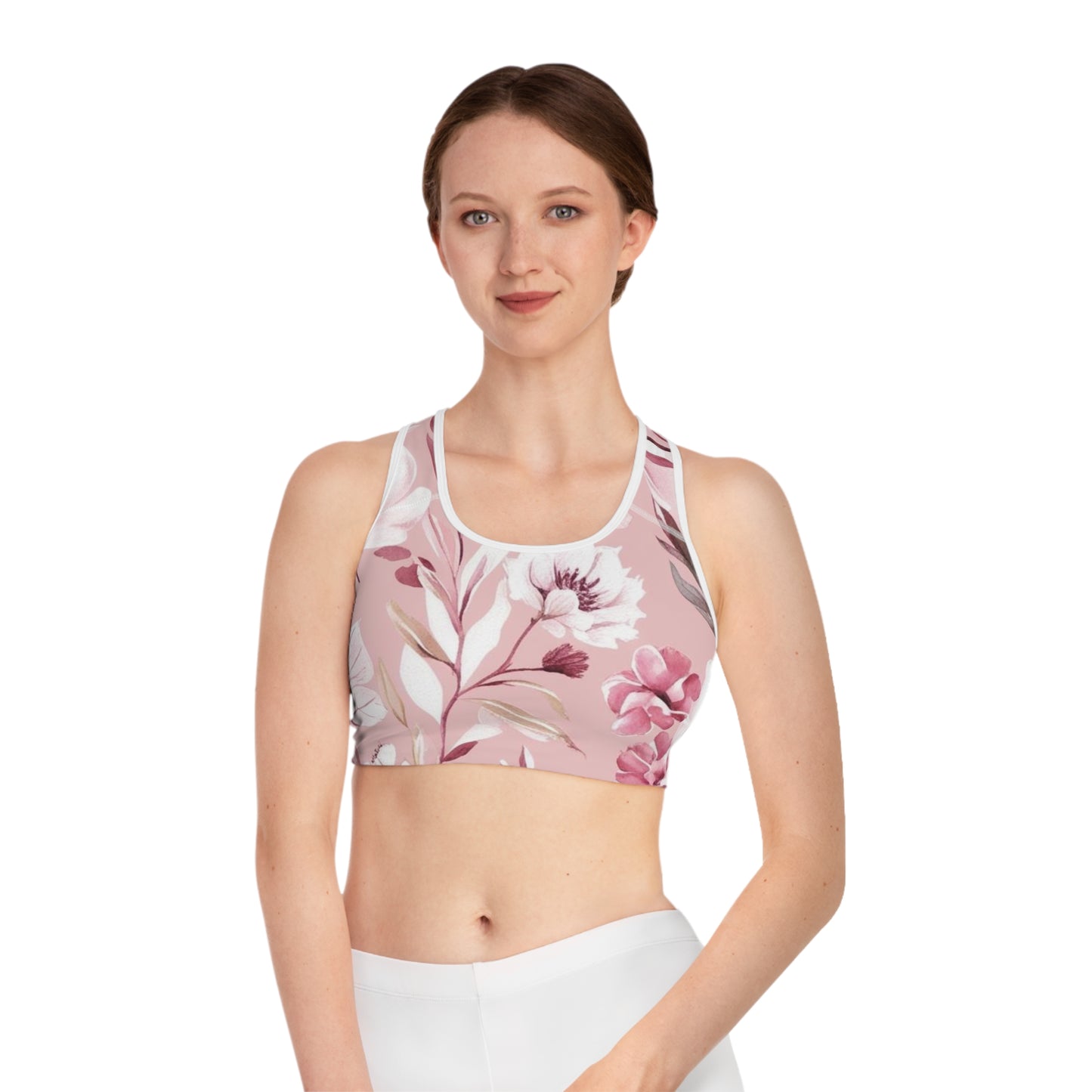 Pink & White Floral Sports Bra (AOP)