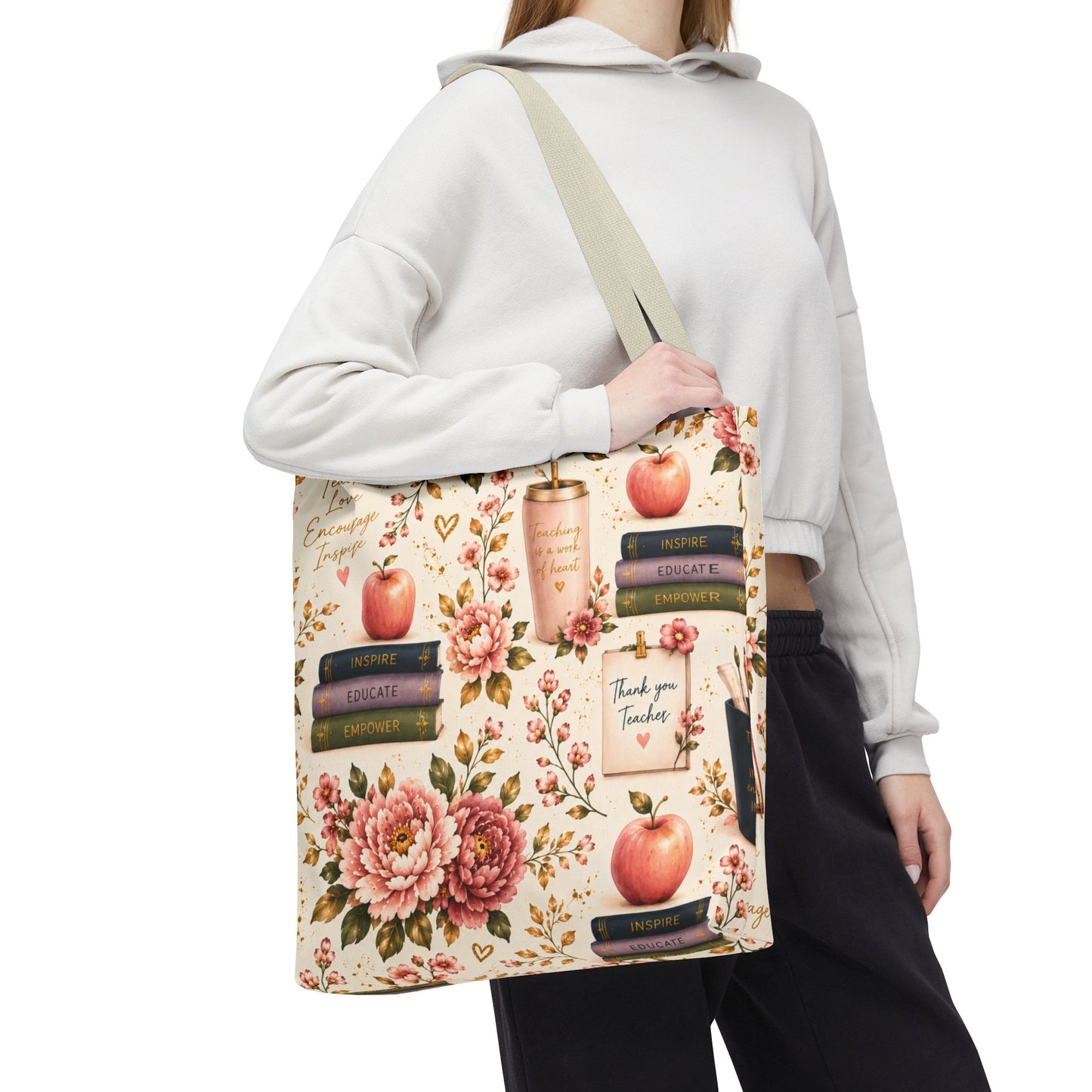 Teacher Appreciation Tote Bag - 'Thank You Teacher' Book & Apple Pattern