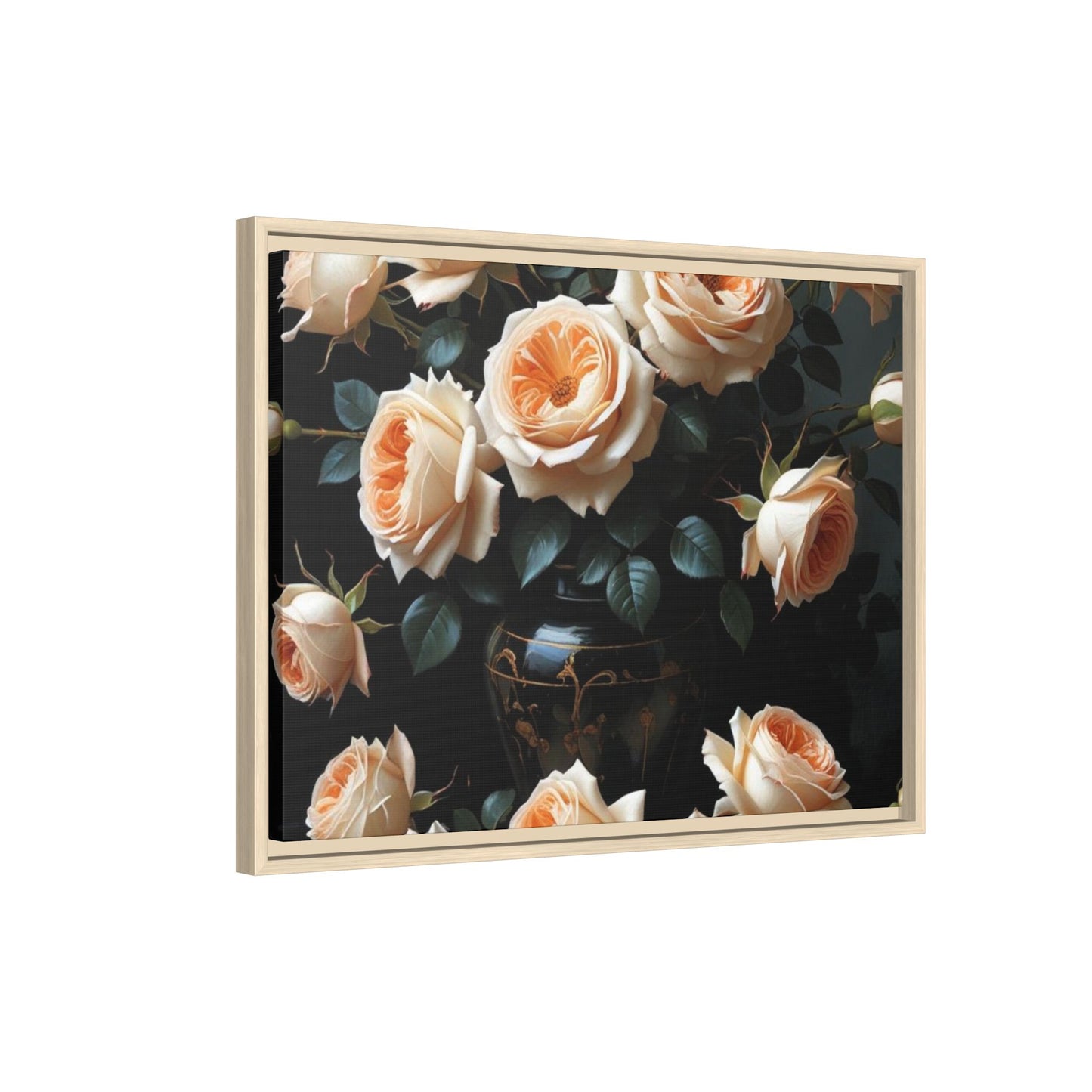 Peach Roses in Black Vase Floral Framed Matte Canvas Print