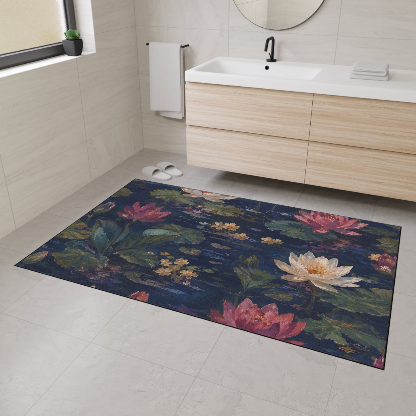 Dark Blue Lotus Pond Heavy-Duty Floor Mat — Durable Entryway Rug