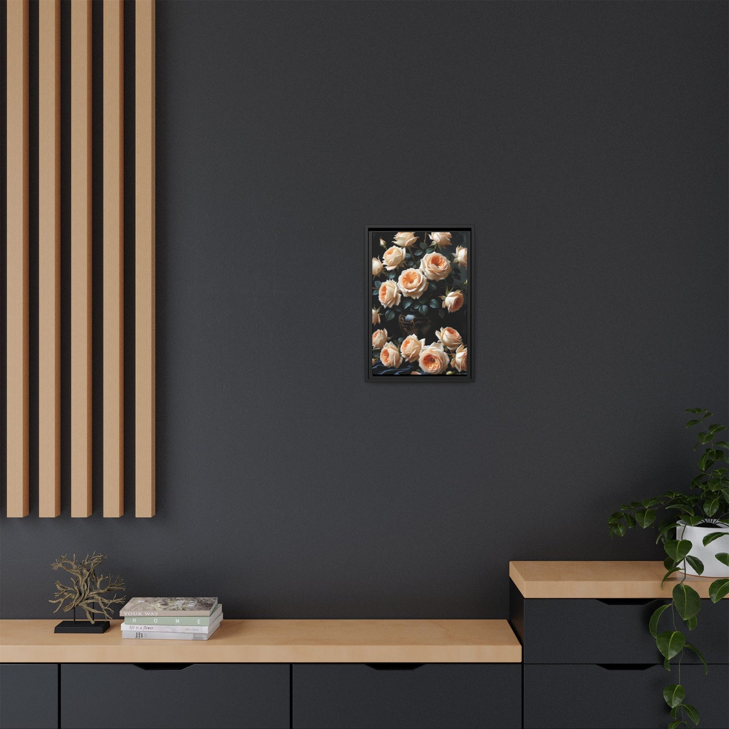 Peach Roses in Black Vase Floral Framed Matte Canvas Print