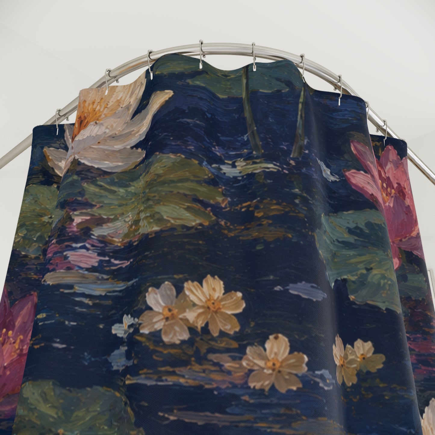 Dark Blue Lotus Pond Shower Curtain — Dark Botanical Bathroom Decor