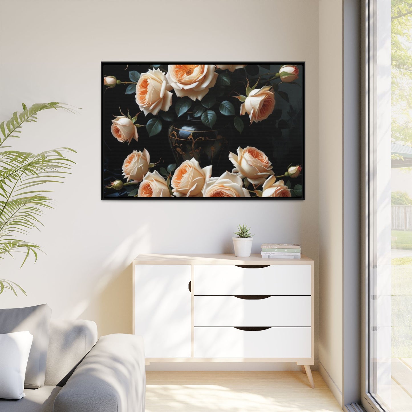 Peach Roses in Black Vase Floral Framed Matte Canvas Print