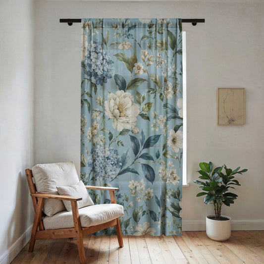 Blue Vintage Hydrangea & Peony Sheer Window Panel