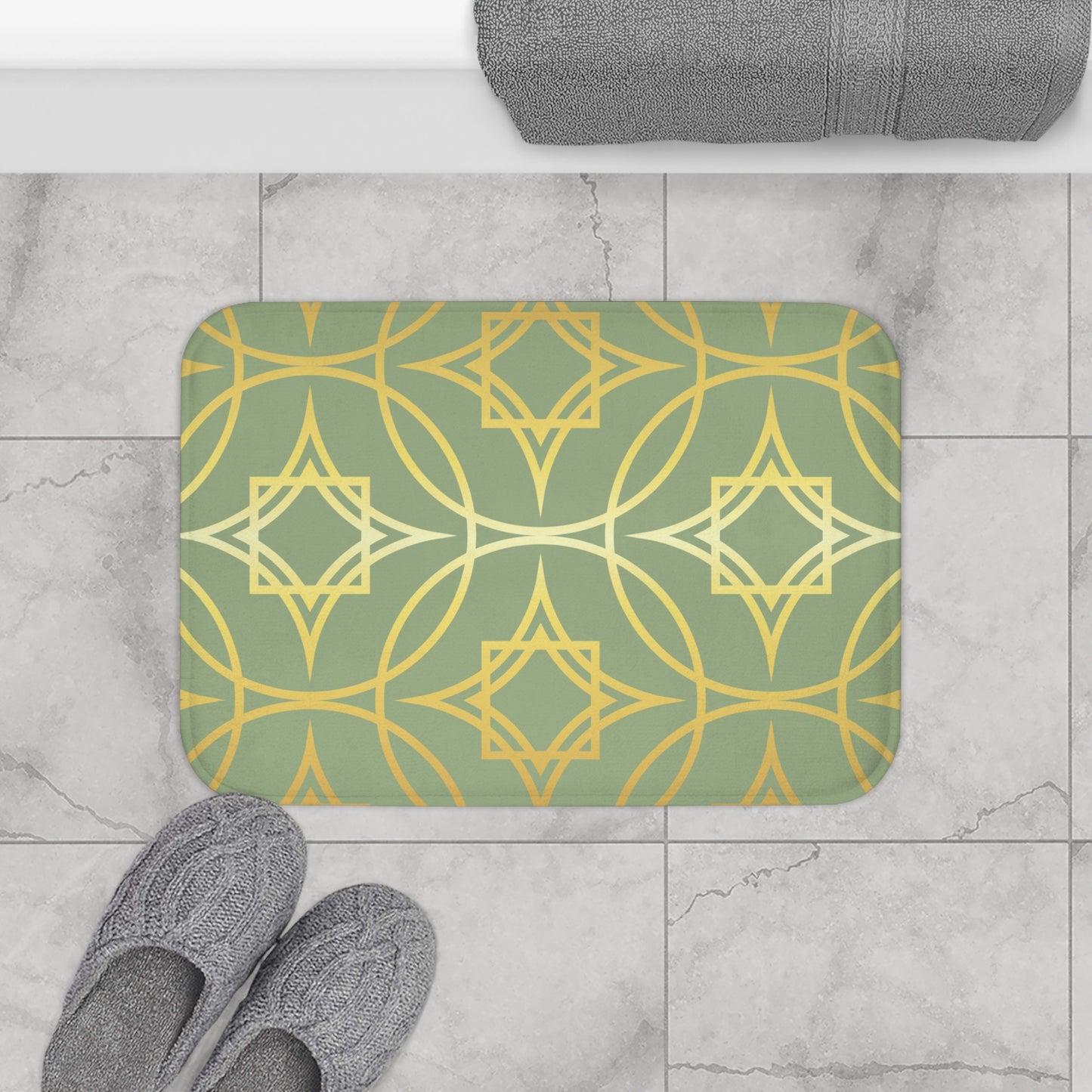 Gilded Geometric Bath Mat – Sage Green and Gold Shower Rug
