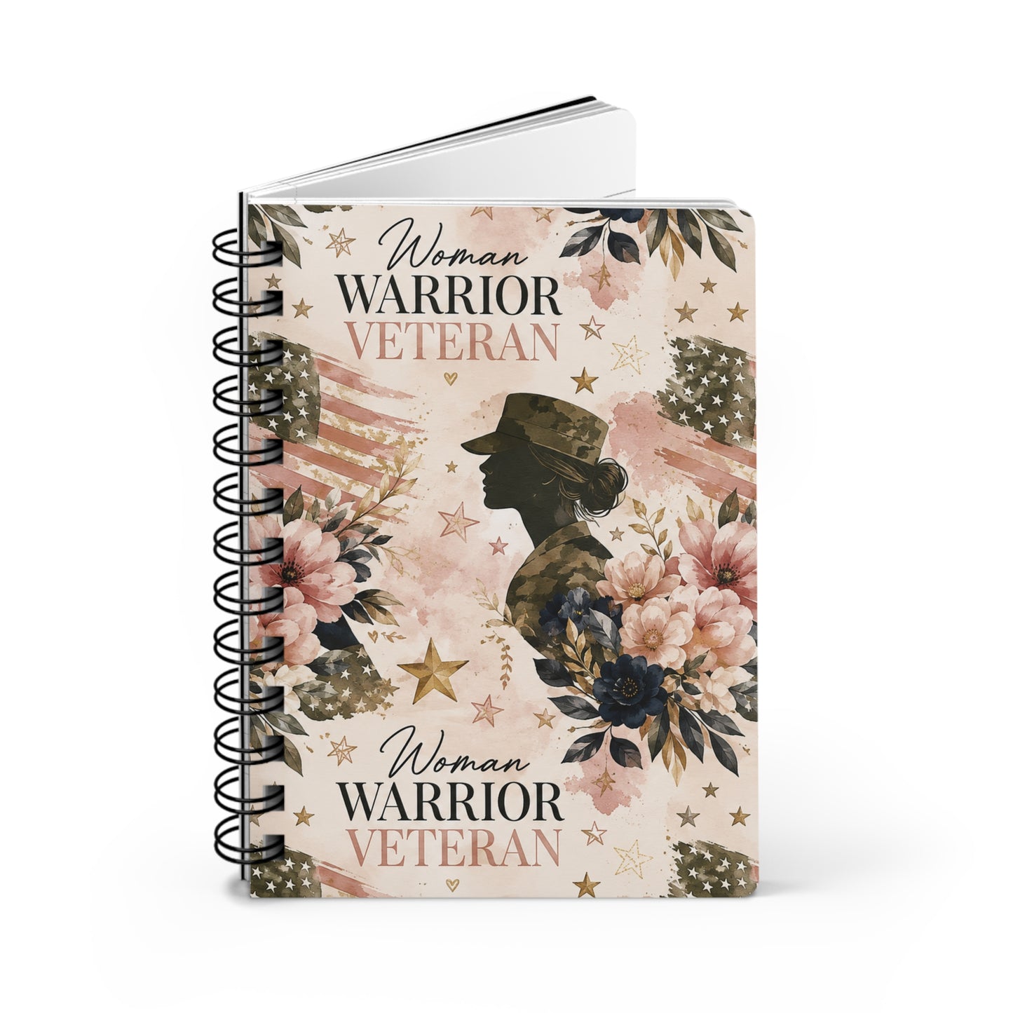 Woman Warrior Veteran Spiral Journal — Floral Patriotic Notebook for Female Veterans