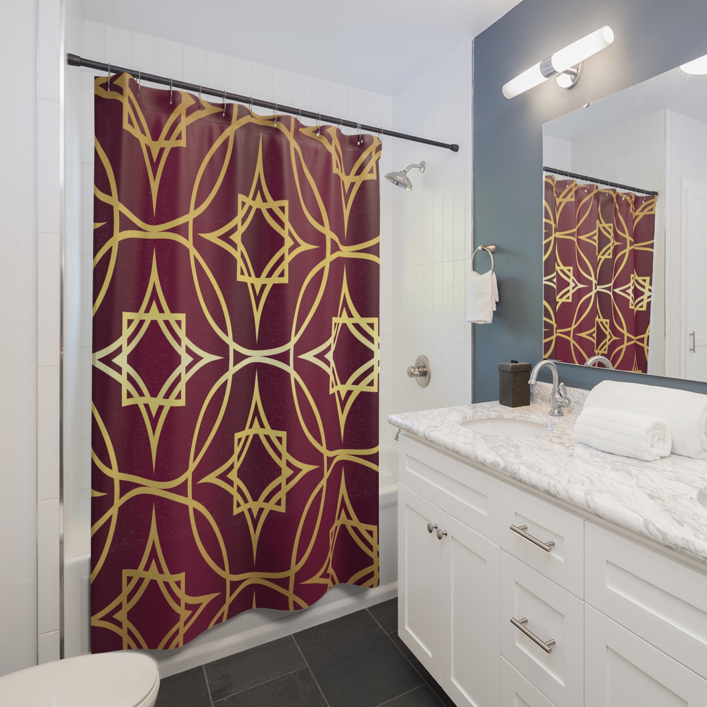 Gilded Geometric Shower Curtain — Burgundy & Gold Art Deco Bath Curtain