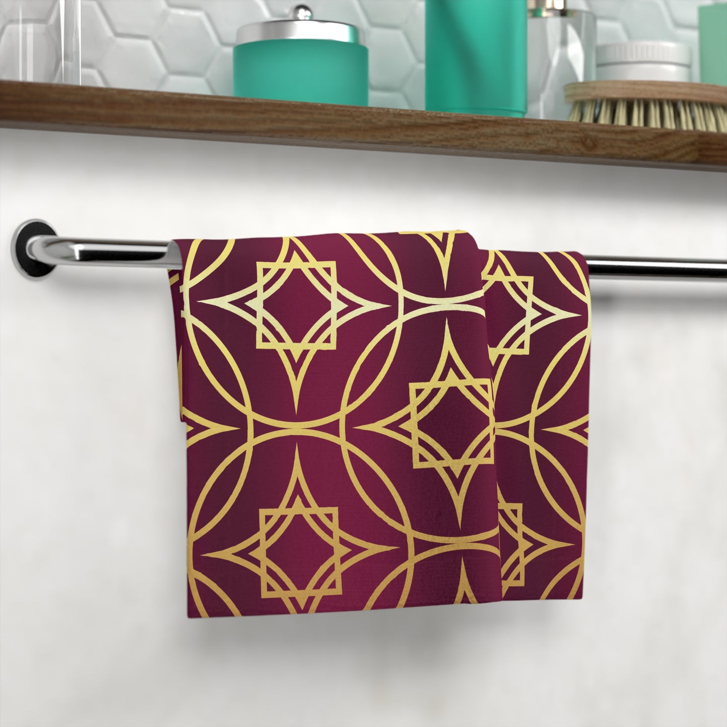 Gilded Geometric Face Towel – Luxurious Burgundy & Gold Pattern